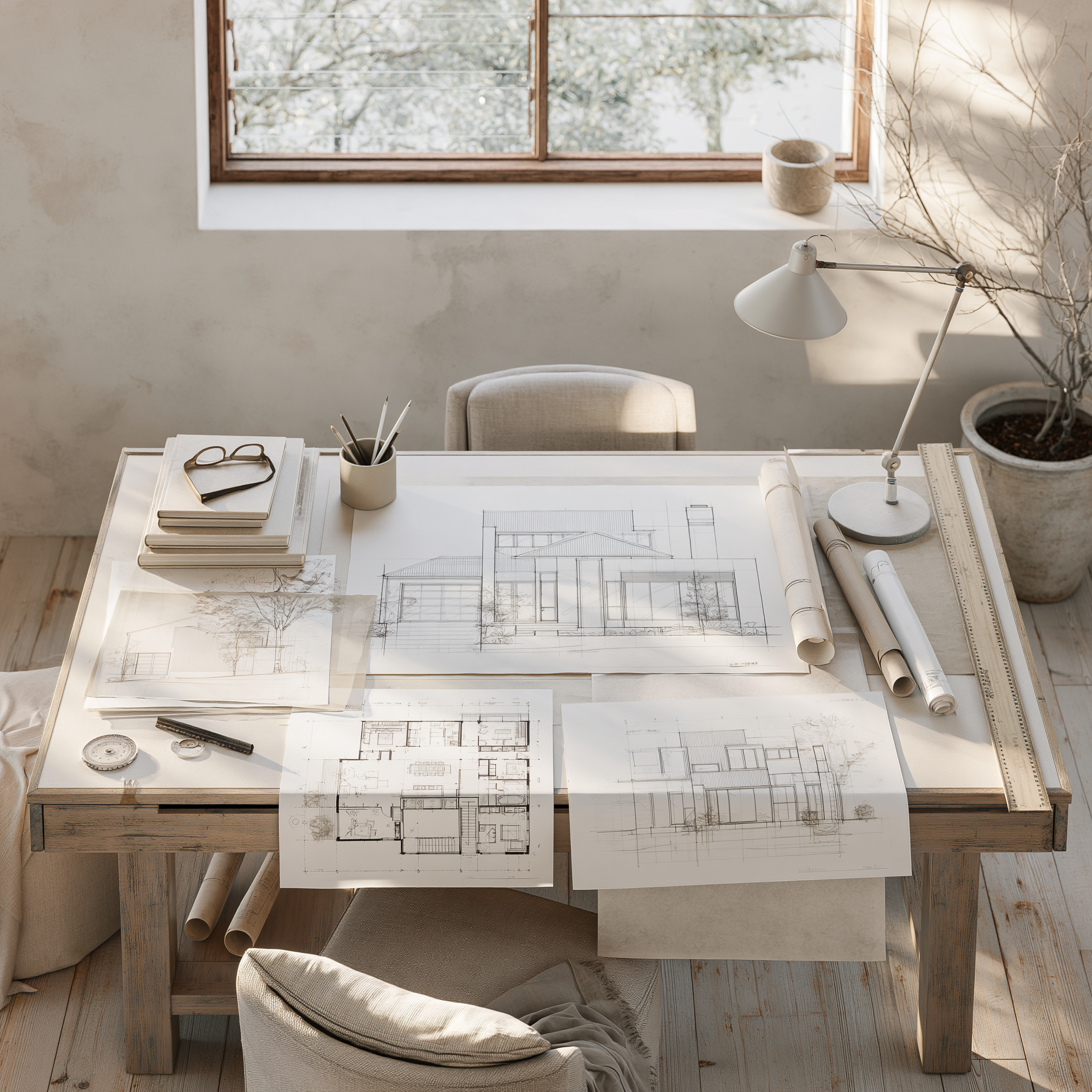A desk with architectural blueprints, rolled-up plans, and a pair of glasses. A white desk lamp, beige cushioned chair, and a potted tree are in a room with sunlight coming through a window, revealing outside trees.