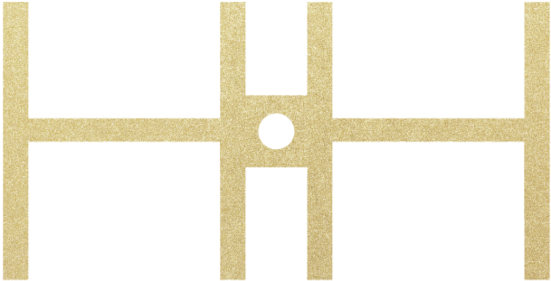 A geometric pattern with a black background and beige lines forming a symmetrical design with a central black circle.