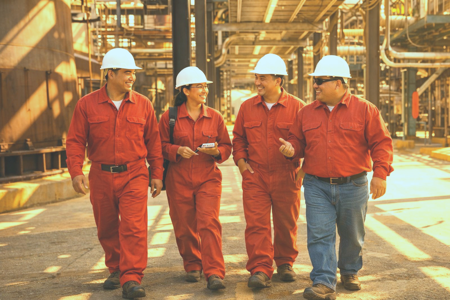 Group of four workers in safety helmets and orange uniforms walking through an industrial plant, smiling and talking.