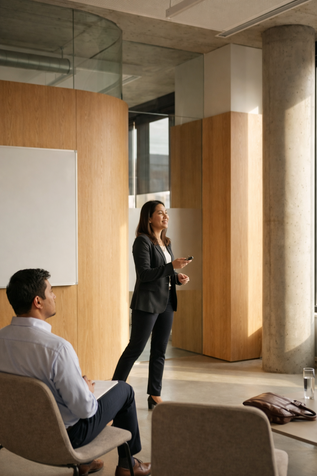A woman in a black blazer speaking in a modern conference room while a man in a white shirt listens, with a glass of water and a brown briefcase on a table nearby.