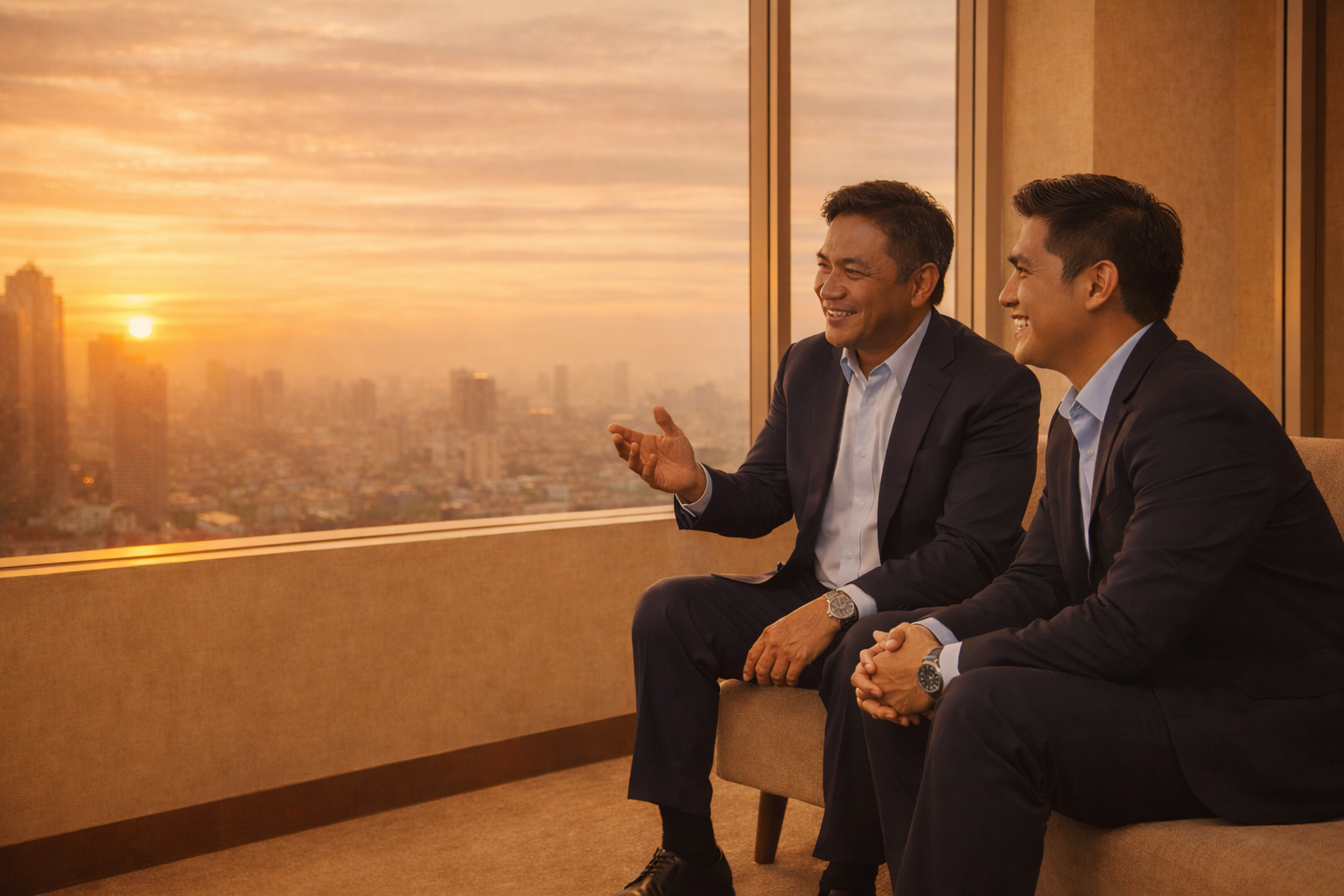 Two businessmen in suits having a coaching conversation and smiling while sitting in a lounge with a city skyline and sunset view outside the window.