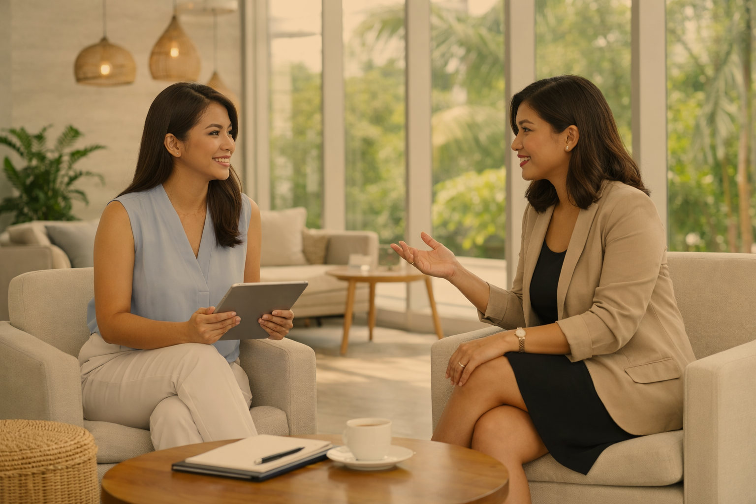 Two women engaging in a relaxed coaching conversation in a cozy, sunlit living room with large windows and green foliage outside. The woman on the left is holding a tablet, and the woman on the right is gesturing with her hand.