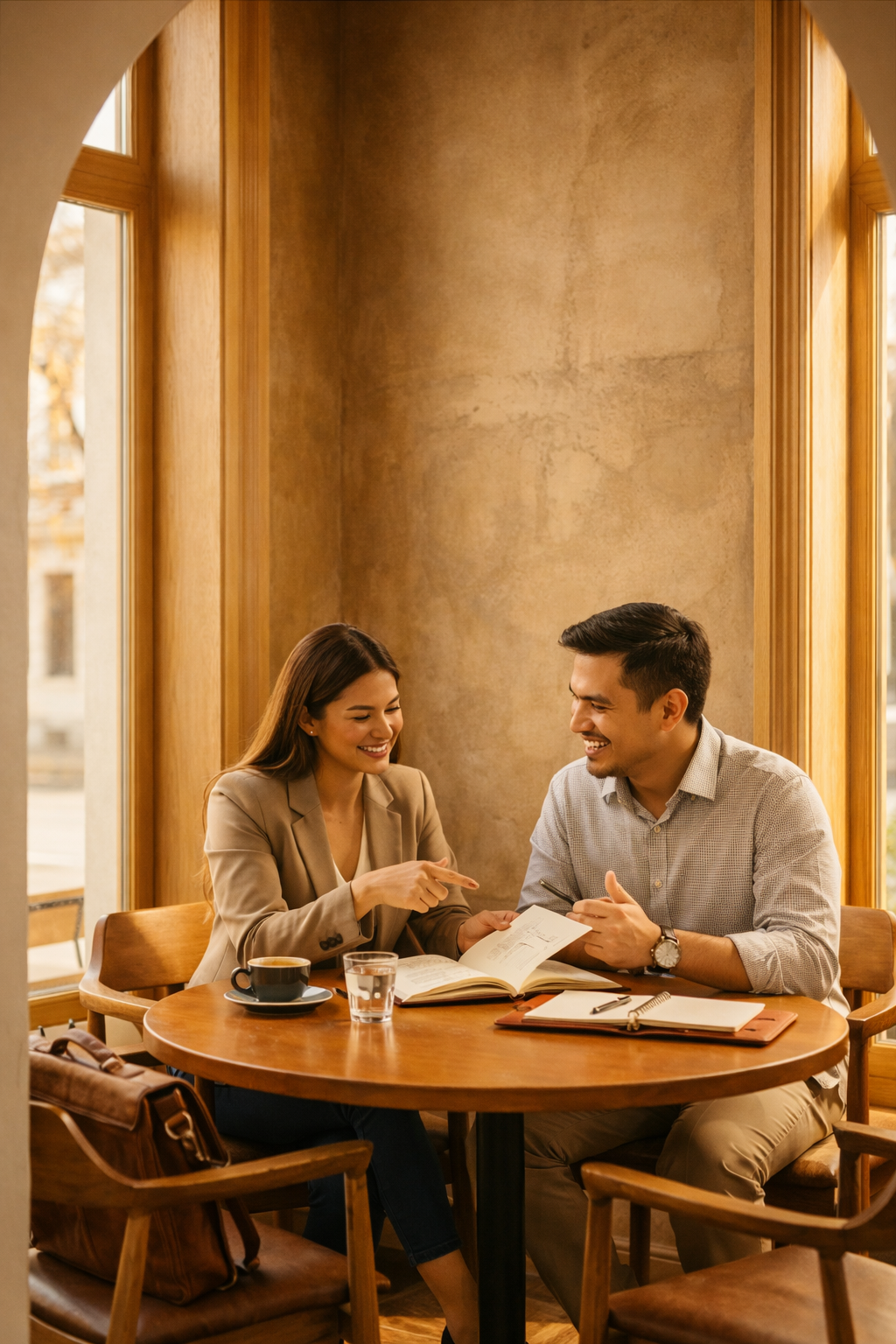 A man and woman sitting at a round wooden table in a cozy cafe, smiling and engaging in conversation. The woman is pointing at something in an open notebook, a cup of coffee and a glass of water are on the table. Large windows let in natural light.
