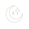 Eine minimalistische Illustration eines Mondes und zwei Sterne in goldener Farbe auf schwarzem Hintergrund.