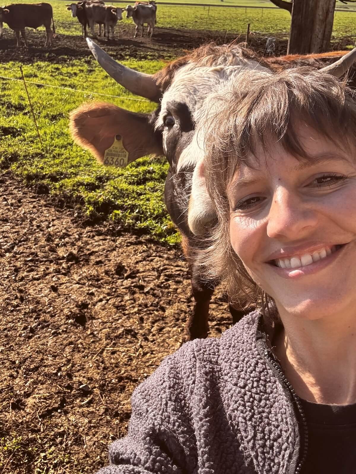 Ein Mädchen macht ein Selfie mit einem Büffel auf einer Weide, im Hintergrund sind weitere Rinder sichtbar.