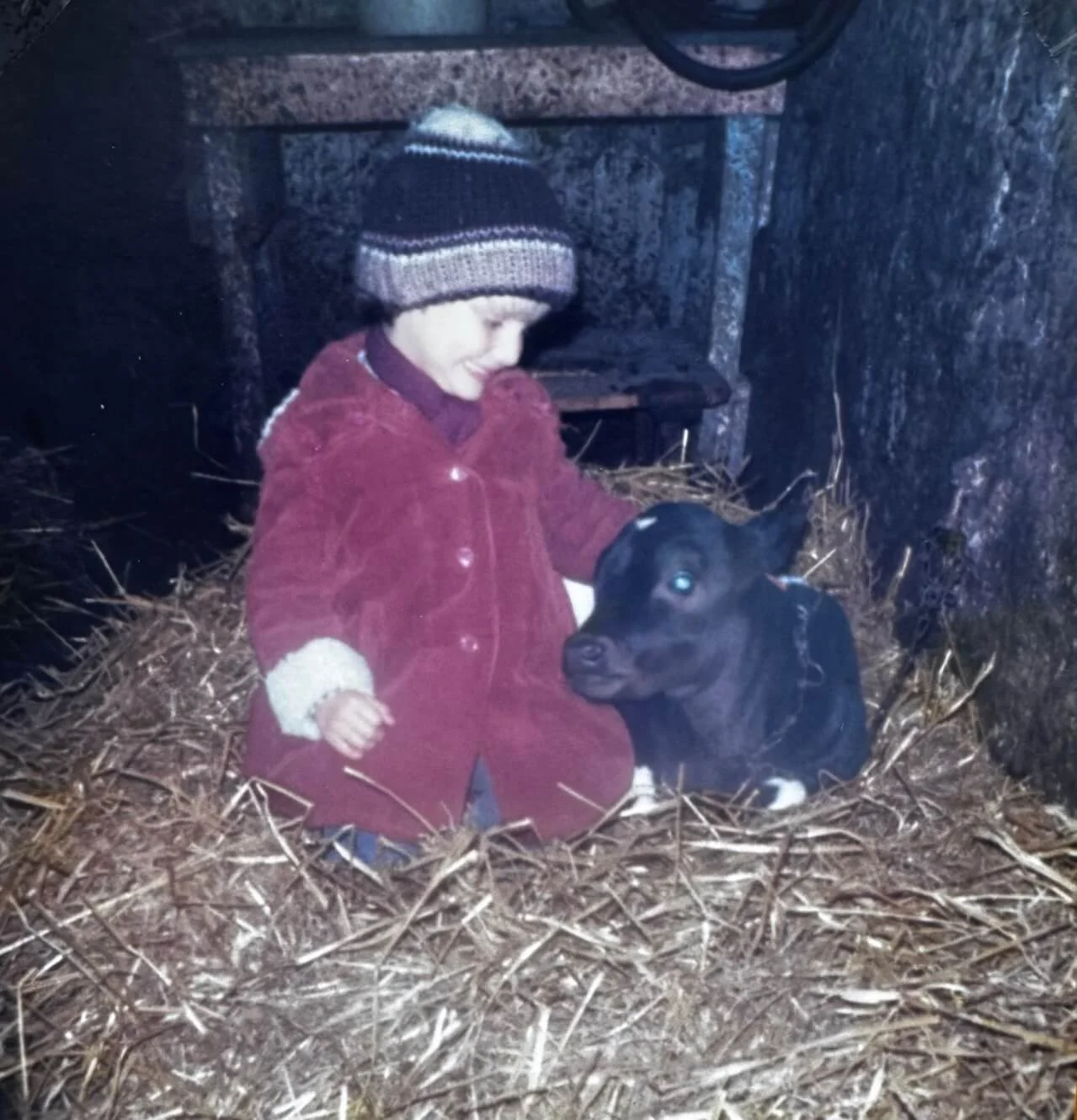 Ein Junge in roter Jacke und Mütze sitzt im Stroh auf einer Farm, neben einem schwarzen und weißen Welpen.