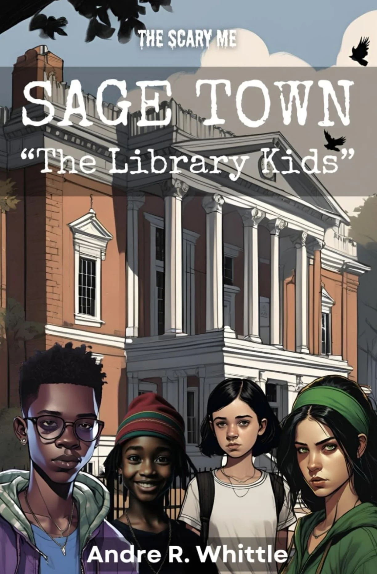 Book cover titled "The Scary Me: Sage Town, The Library Kids" by Andre R. Whittle, featuring illustrated children with diverse appearances standing in front of a large historic library building with columns.