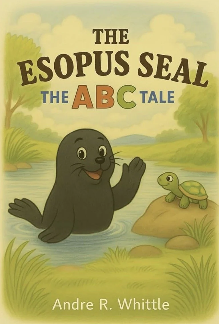 Book cover titled 'The Esopus Seal: The ABC Tale' by Andre R. Whittle. Features a cartoon seal in water and a turtle on a rock in a nature scene with trees and clouds.