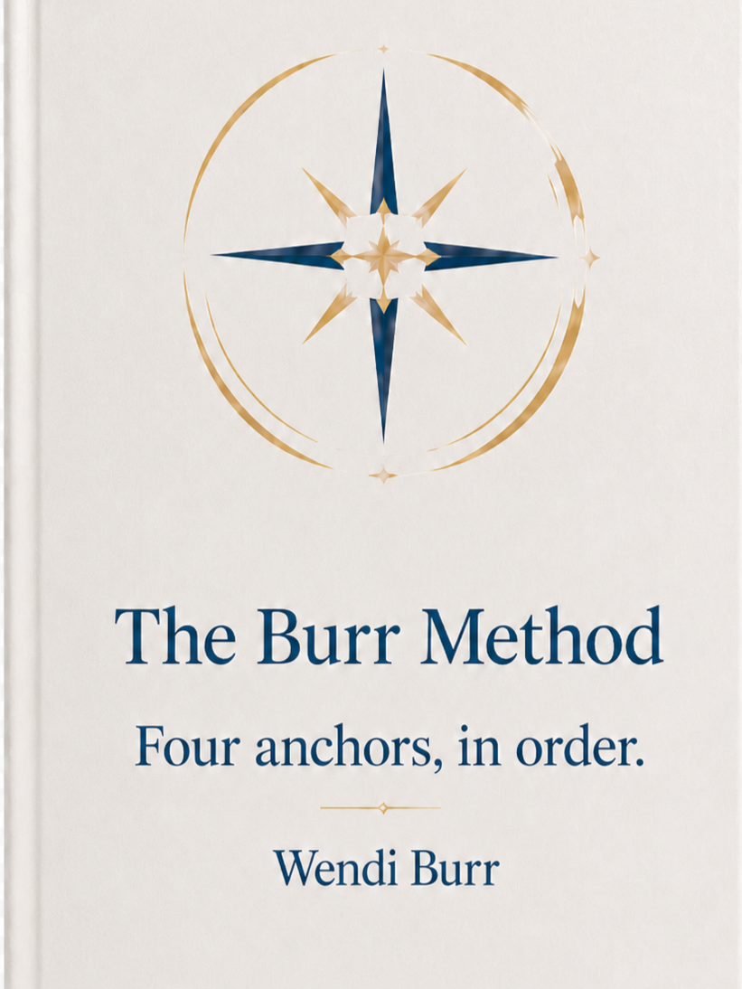 Book cover titled 'The Burr Method' with a compass symbol at the top and the subtitle 'Four anchors, in order.' by Wendi Burr.