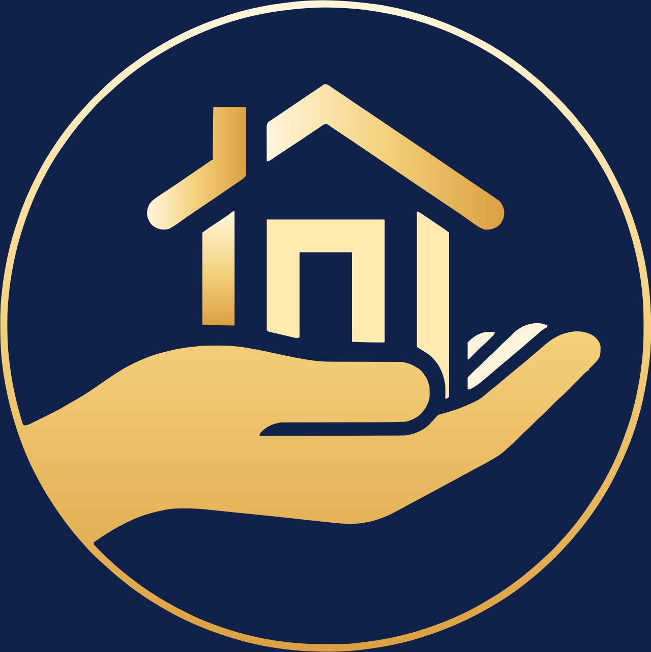 A gold-colored hand holding a house icon with a roof, chimney, and door, on a dark blue circular background.