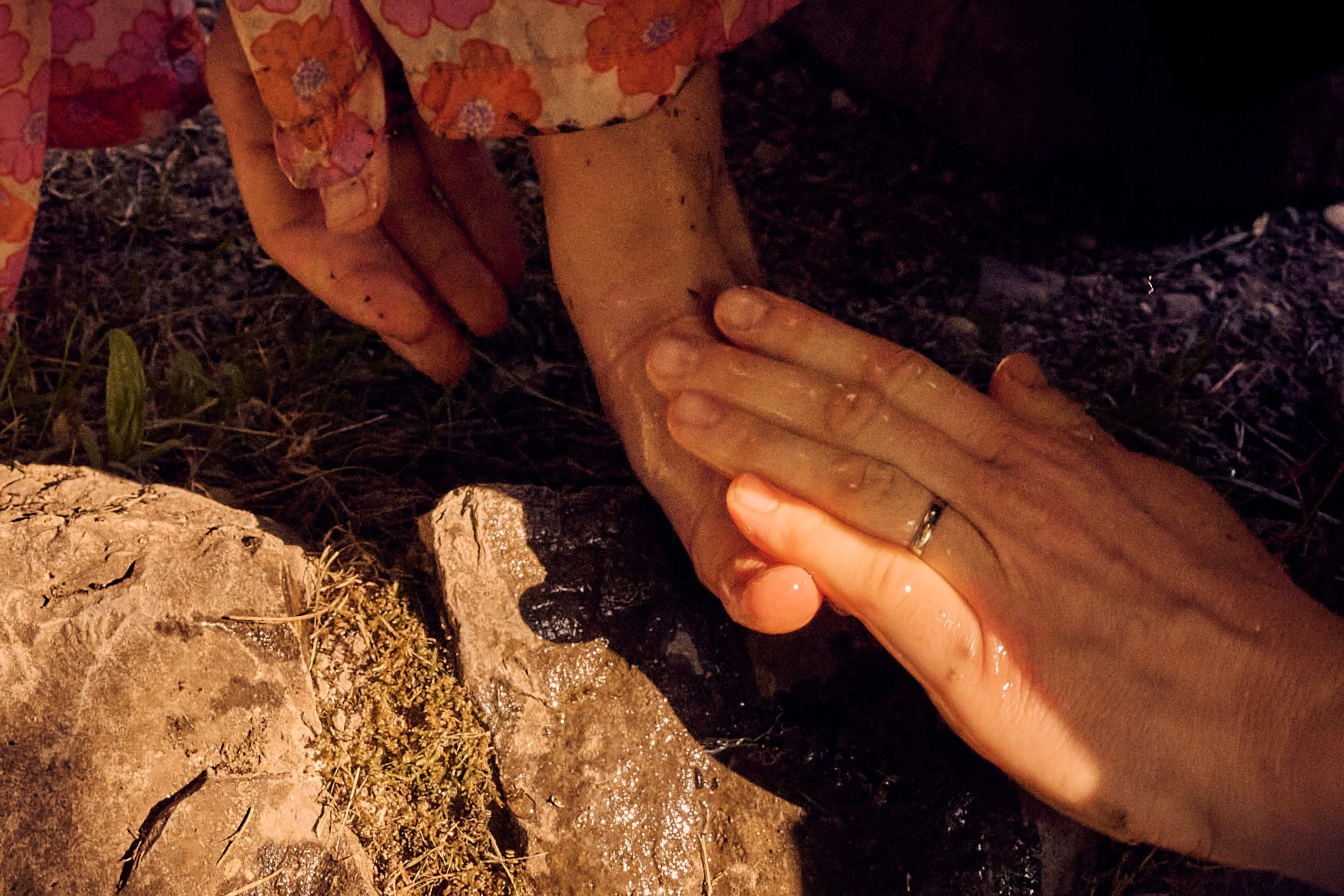 Close-up of two hands, one adult and one child's, holding a rock in a natural outdoor setting with grass and rocks.