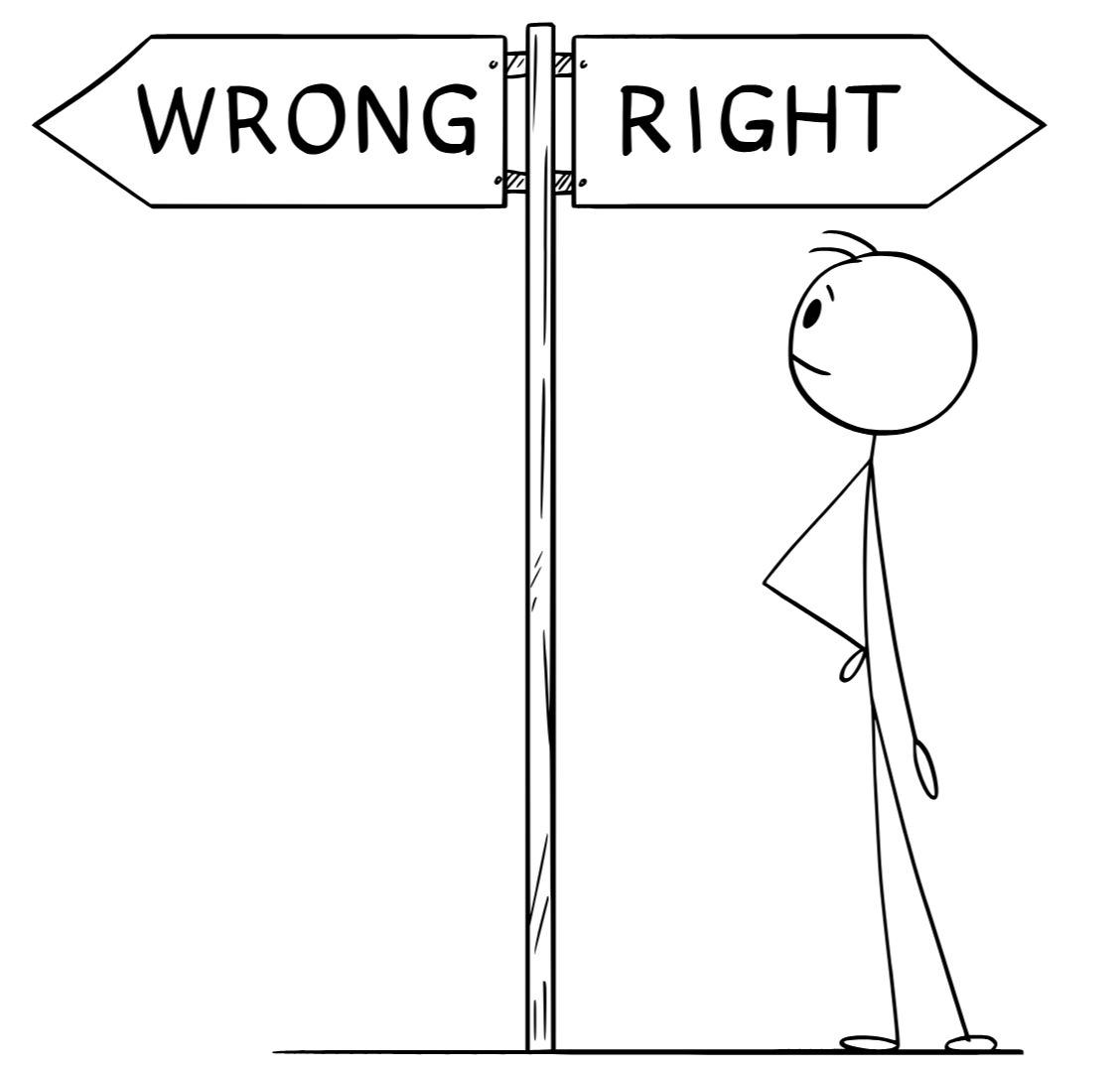 A cartoon stick figure stands in front of a signpost with two directions labeled 'Wrong' and 'Right', looking curiously at the sign.