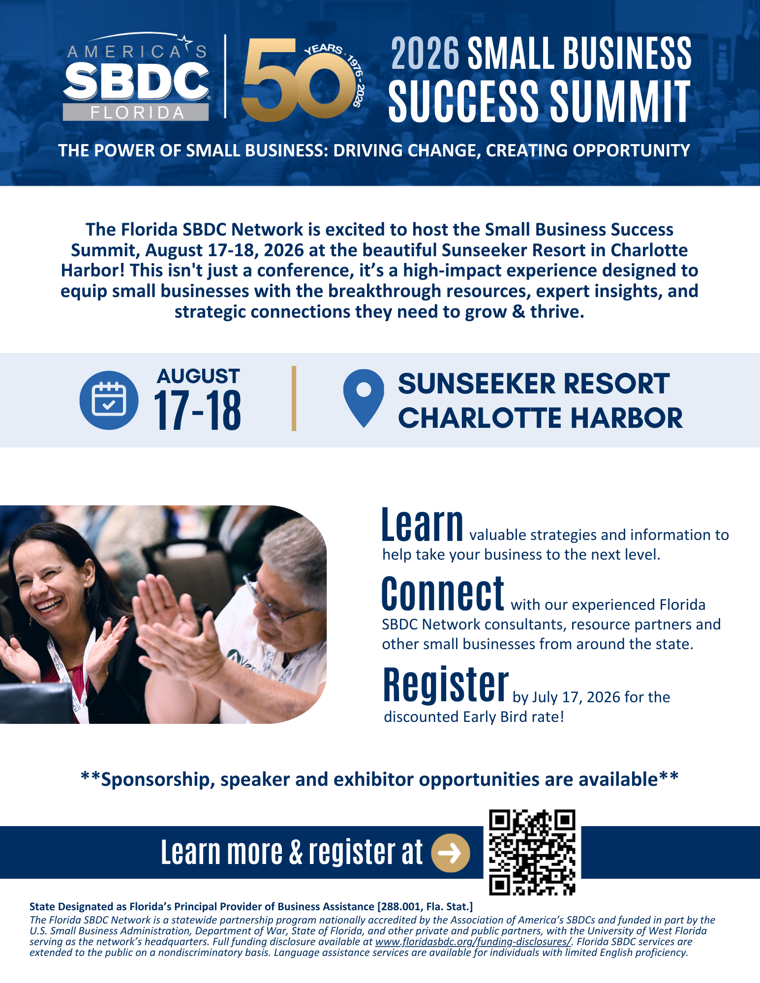 Flyer for the 2026 Small Business Success Summit hosted by the Florida SBDC Network at Sunseeker Resort in Charlotte Harbor on August 17-18, 2026. The flyer includes event dates, location, a brief description of the summit's purpose, and a call to action to register online, mentioning sponsorship, speaker, and exhibitor opportunities.