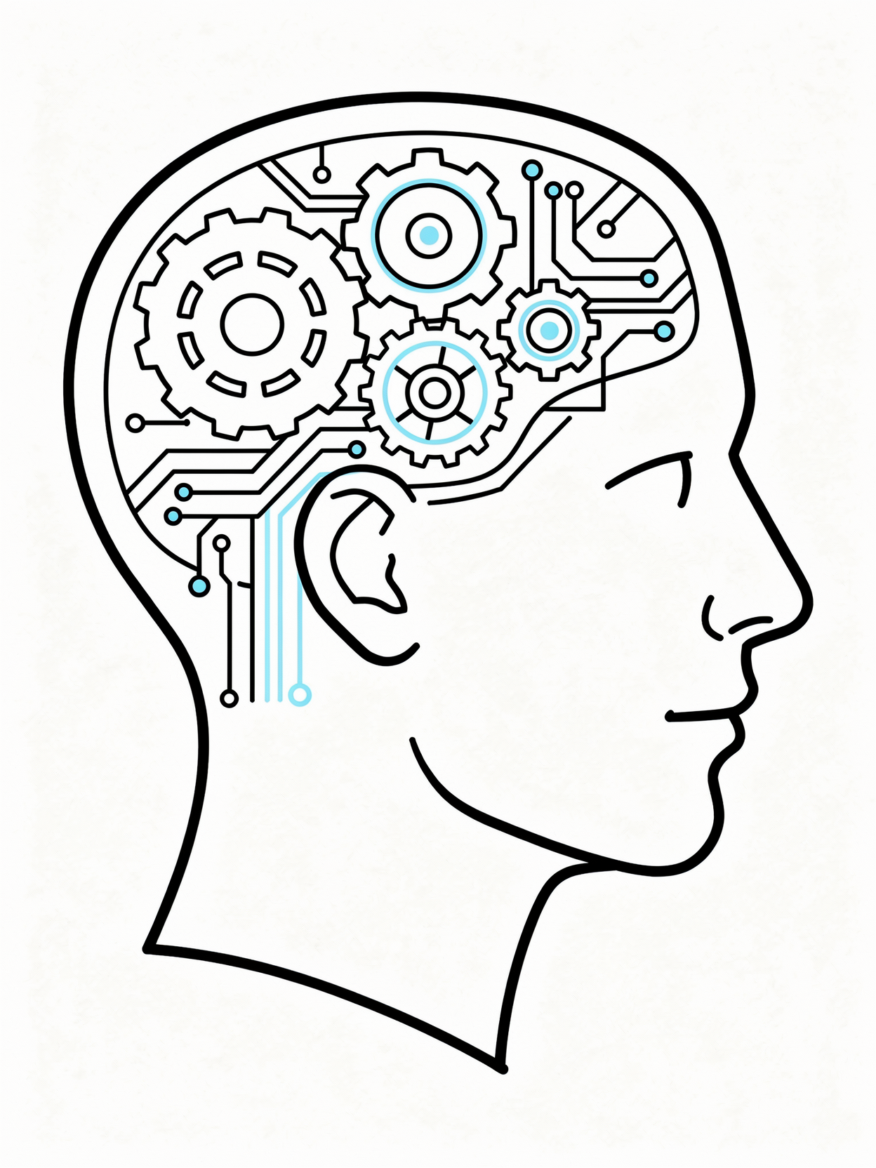 Line drawing of a human head in profile with gears and circuit lines inside the brain area, representing artificial intelligence or machine learning.