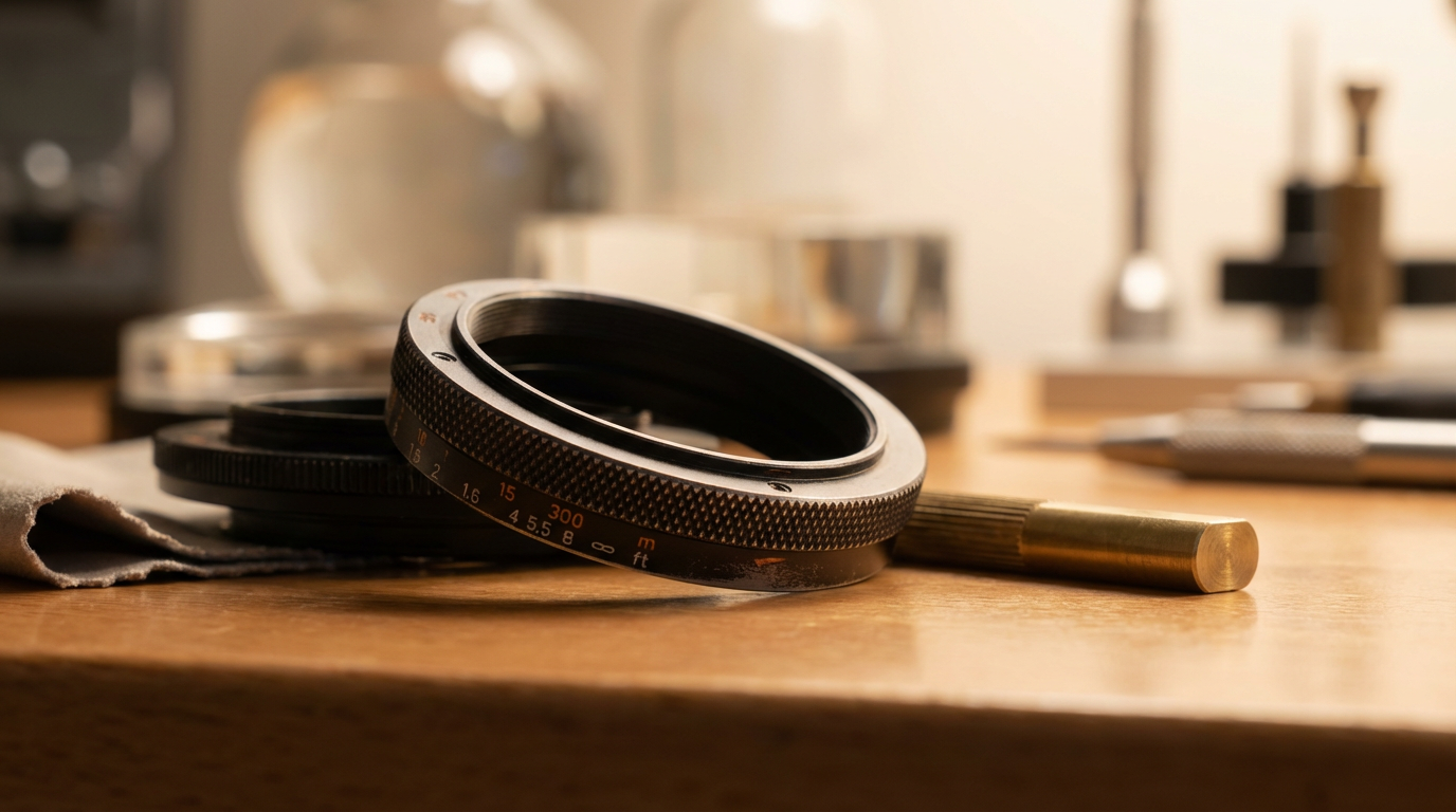 Close-up view of camera lens rings and a brass tool on a wooden table, with blurred background including tools and containers.