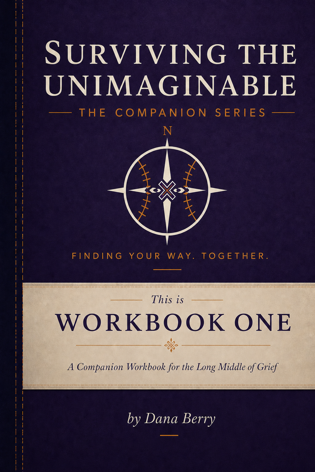 Cover of a book titled "Surviving the Unimaginable: The Companion Series, Finding Your Way. Together." by Dana Berry. The cover features a dark background with an illustration of a compass in the center.