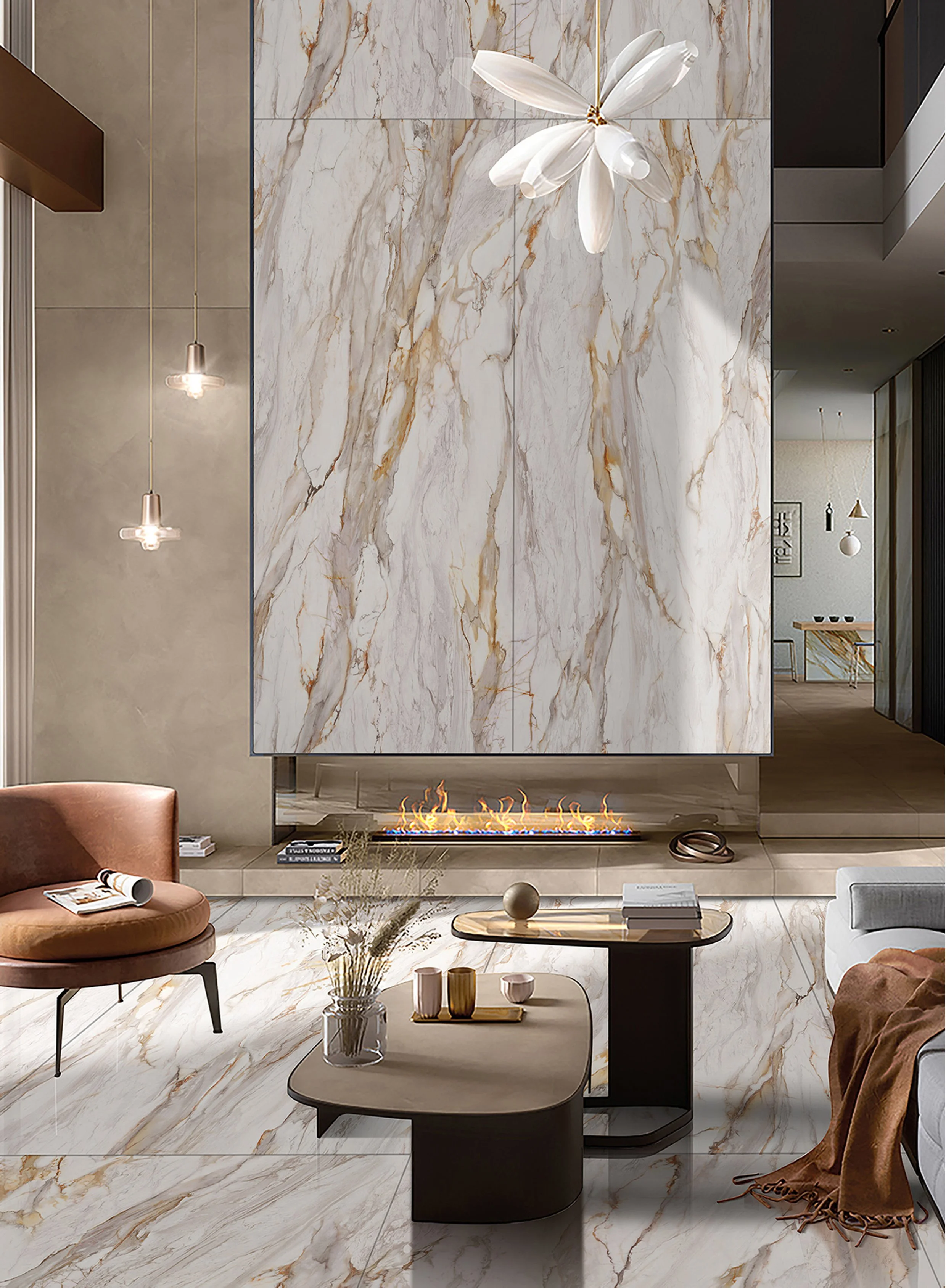 Modern living room with a large marble fireplace, a coffee table, two chairs, and decorative items.