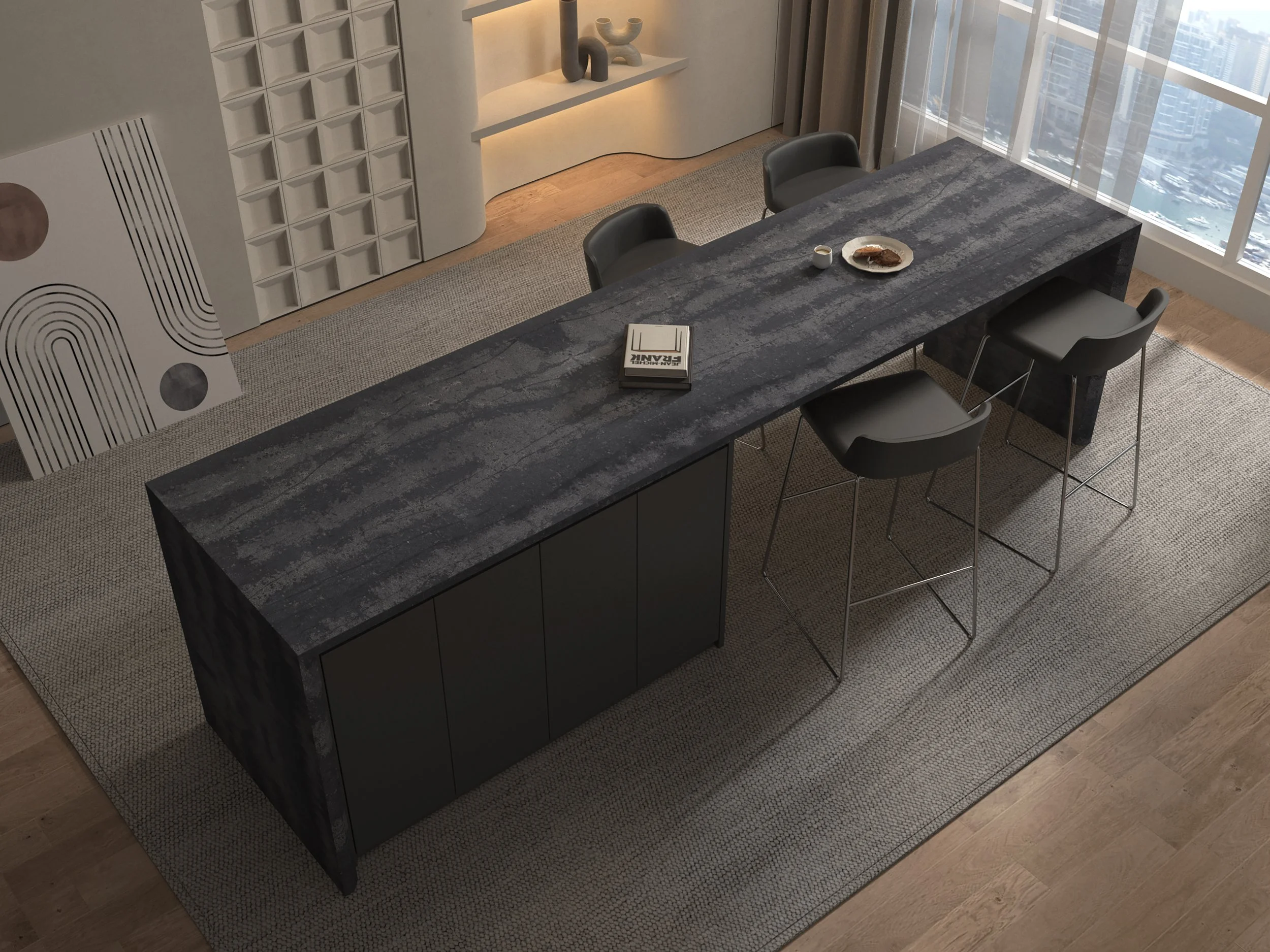 A modern dining room with a large dark marble table, four black chairs, a textured area rug, and a large window with city views. There are decorative vases and a sculpture on a wall-mounted shelf.