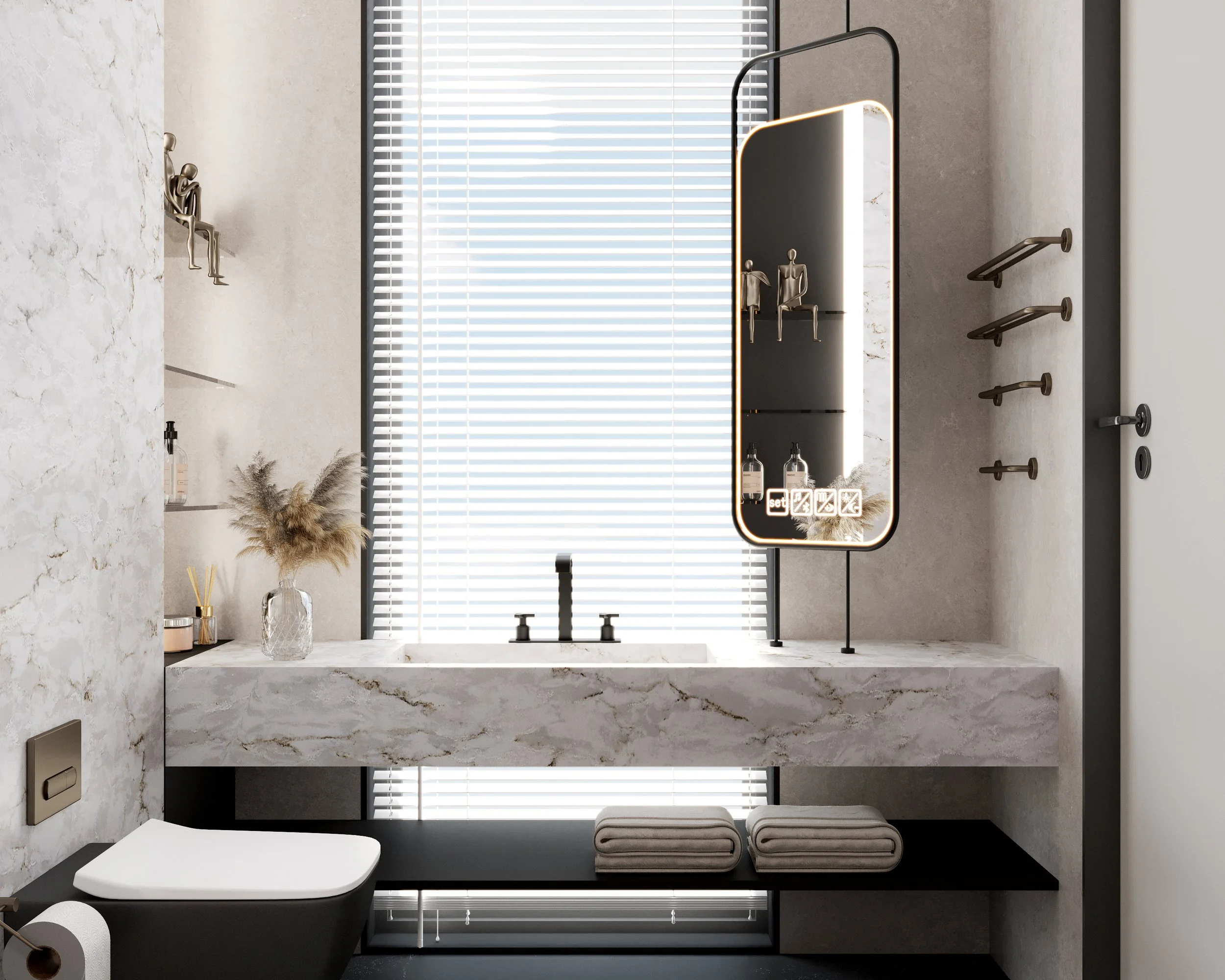 Modern bathroom with a white marble vanity, large mirror with backlighting, window with white blinds, bronze wall sculpture of two seated abstract figures, and various toiletries and towels.