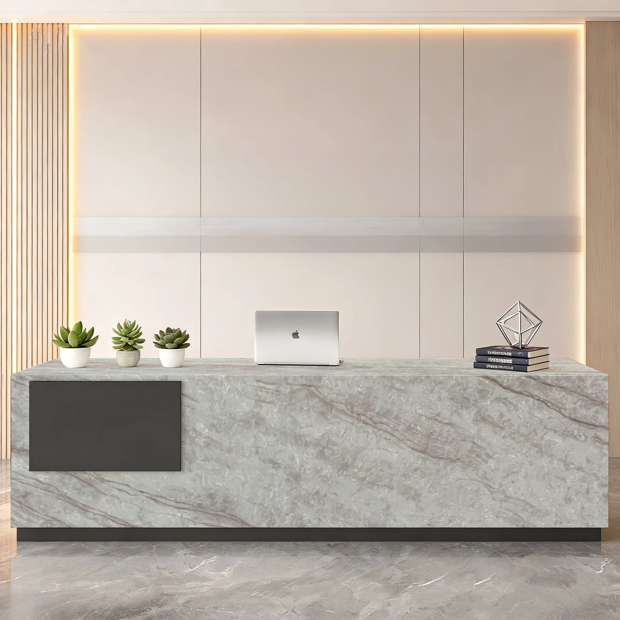 Modern reception desk with a marble top, potted succulents, an open silver laptop, a stack of black notebooks, and a geometric sculpture, set against a white wall with wooden slats and soft lighting.