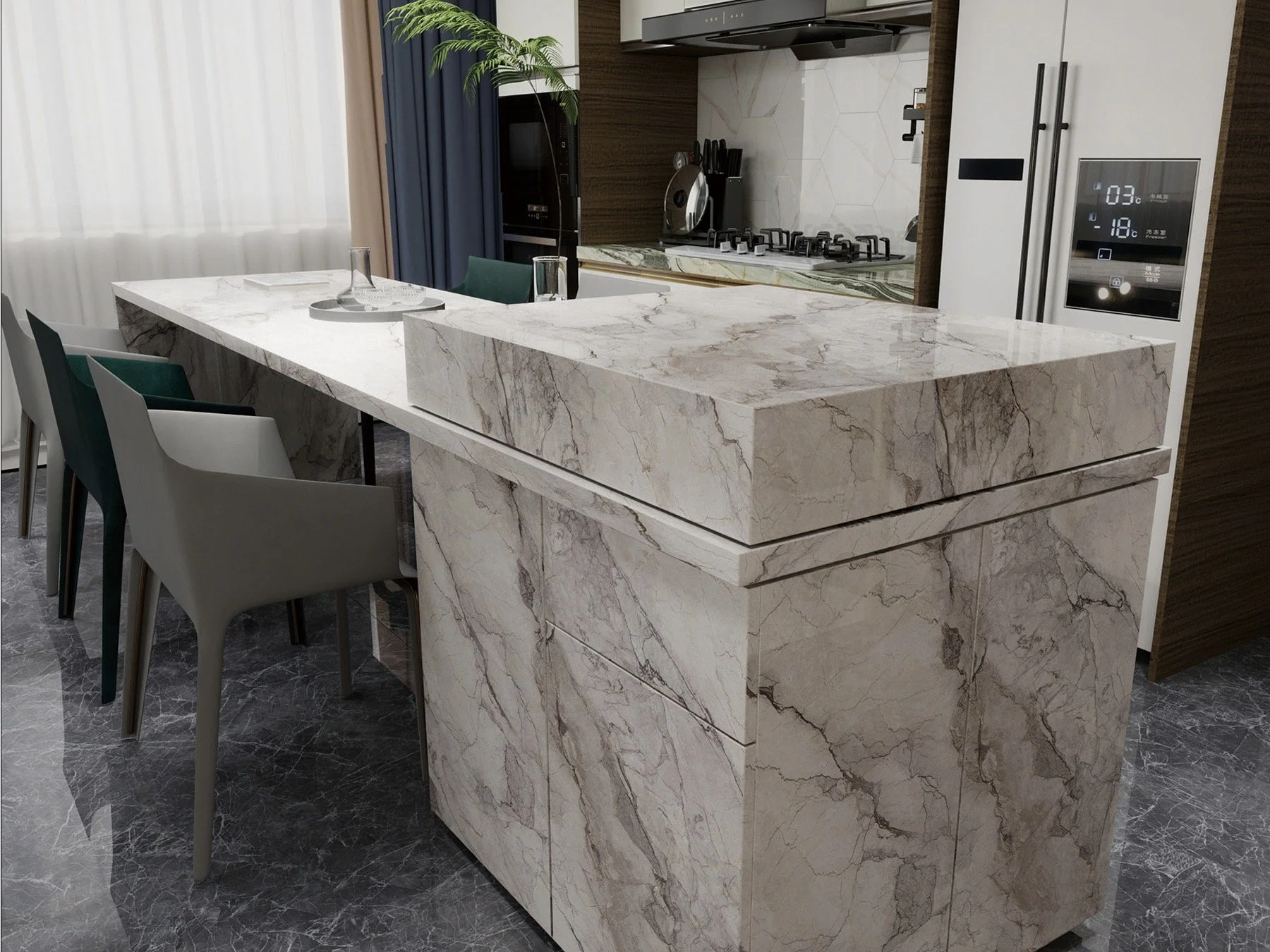 Modern kitchen with a marble island, dining chairs, a stove, microwave, and refrigerator. The kitchen has dark wood and white cabinetry with a marble backsplash, and a window with white curtains.