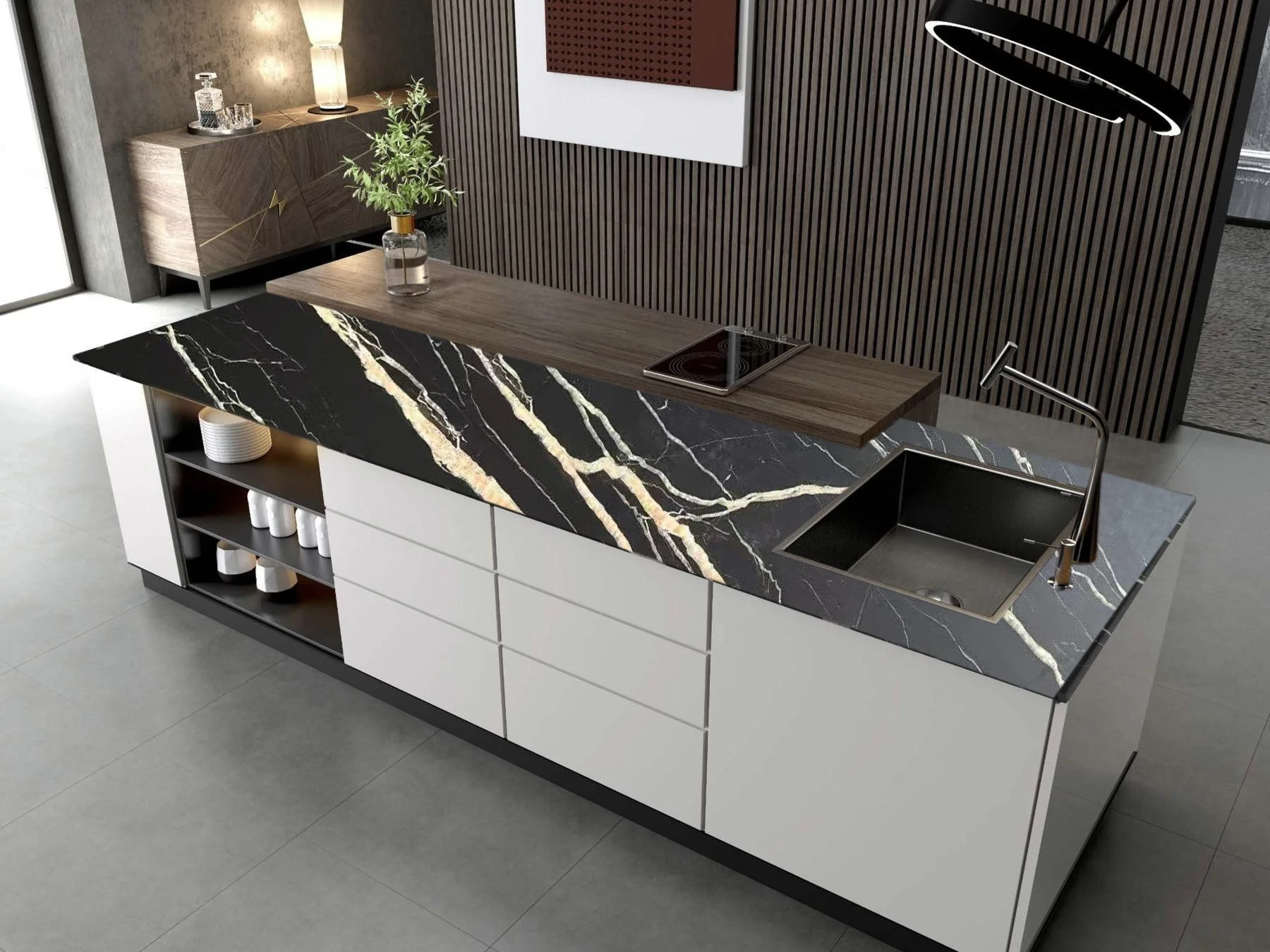 Modern kitchen island with a black marble countertop featuring white and gold veining, white base cabinets with open shelving of white dishes, a sink with a chrome faucet, and a wooden countertop with a potted plant. In the background, there is a tex