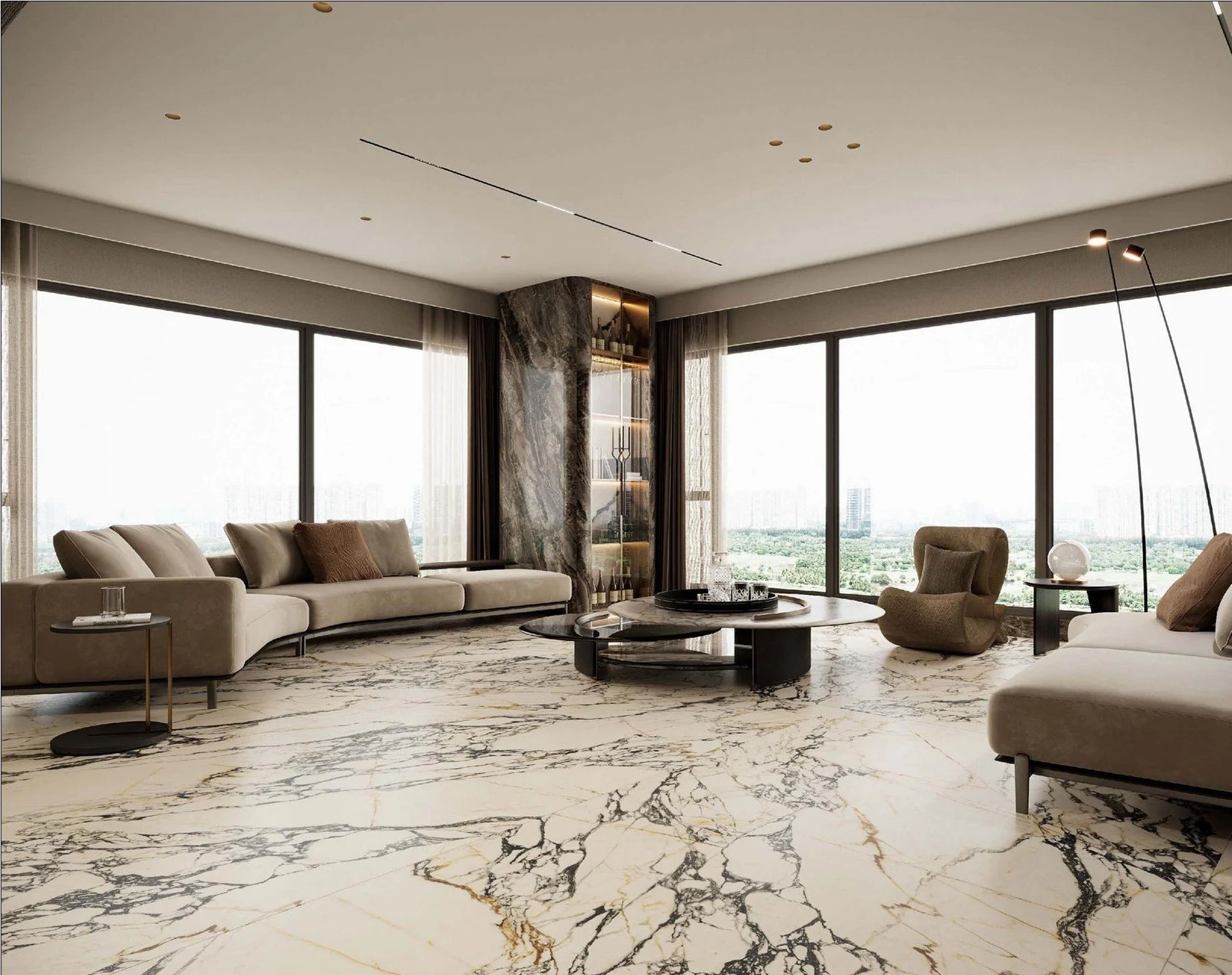 Modern living room with large windows, beige sofas, and marble flooring with black and gold veining.