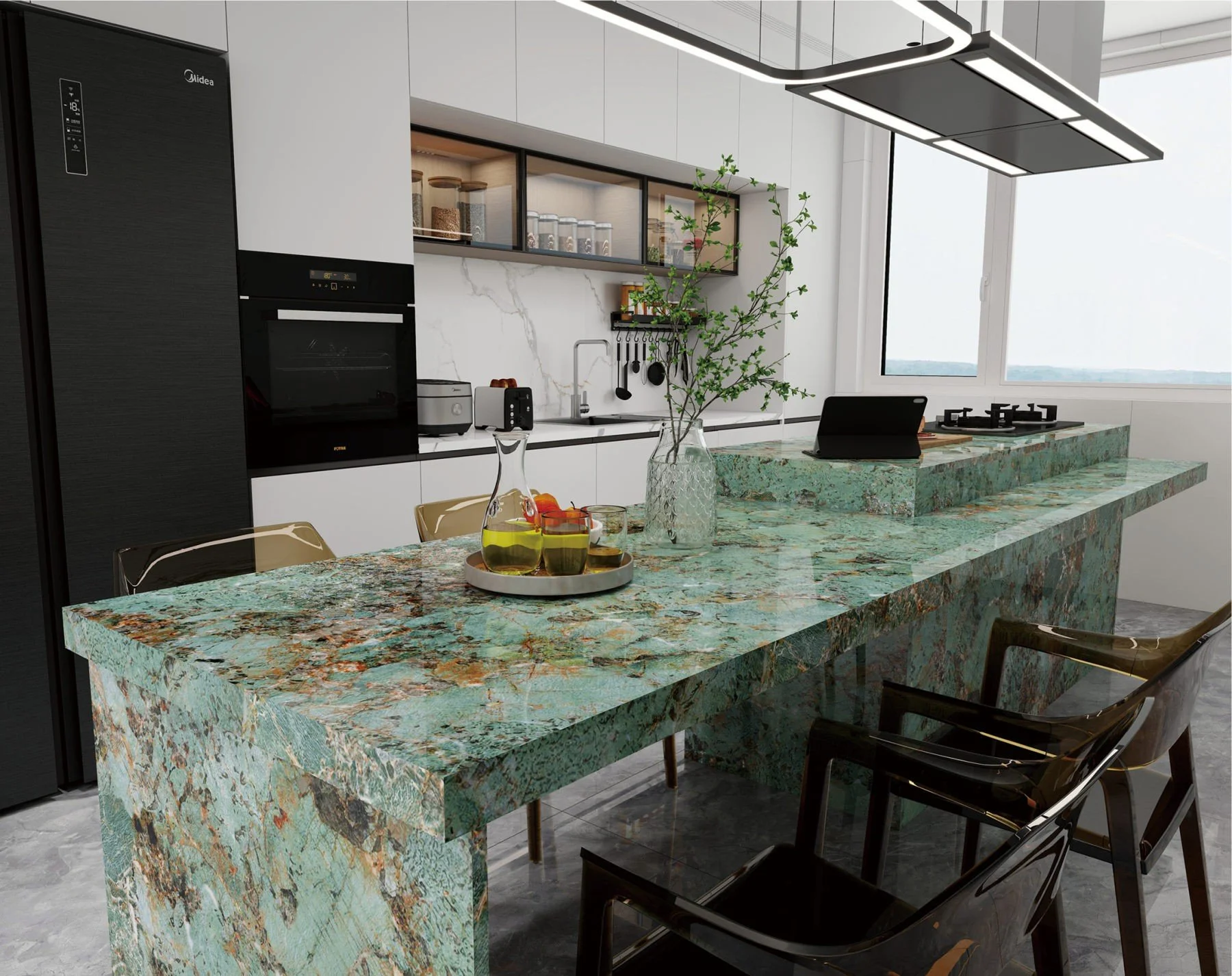 Modern kitchen with a large green marble island, black chairs, and white cabinets. There are bottles of oil and a pitcher with drinks on the island. A stove, oven, and cookware are visible, and the space is bright with large windows.