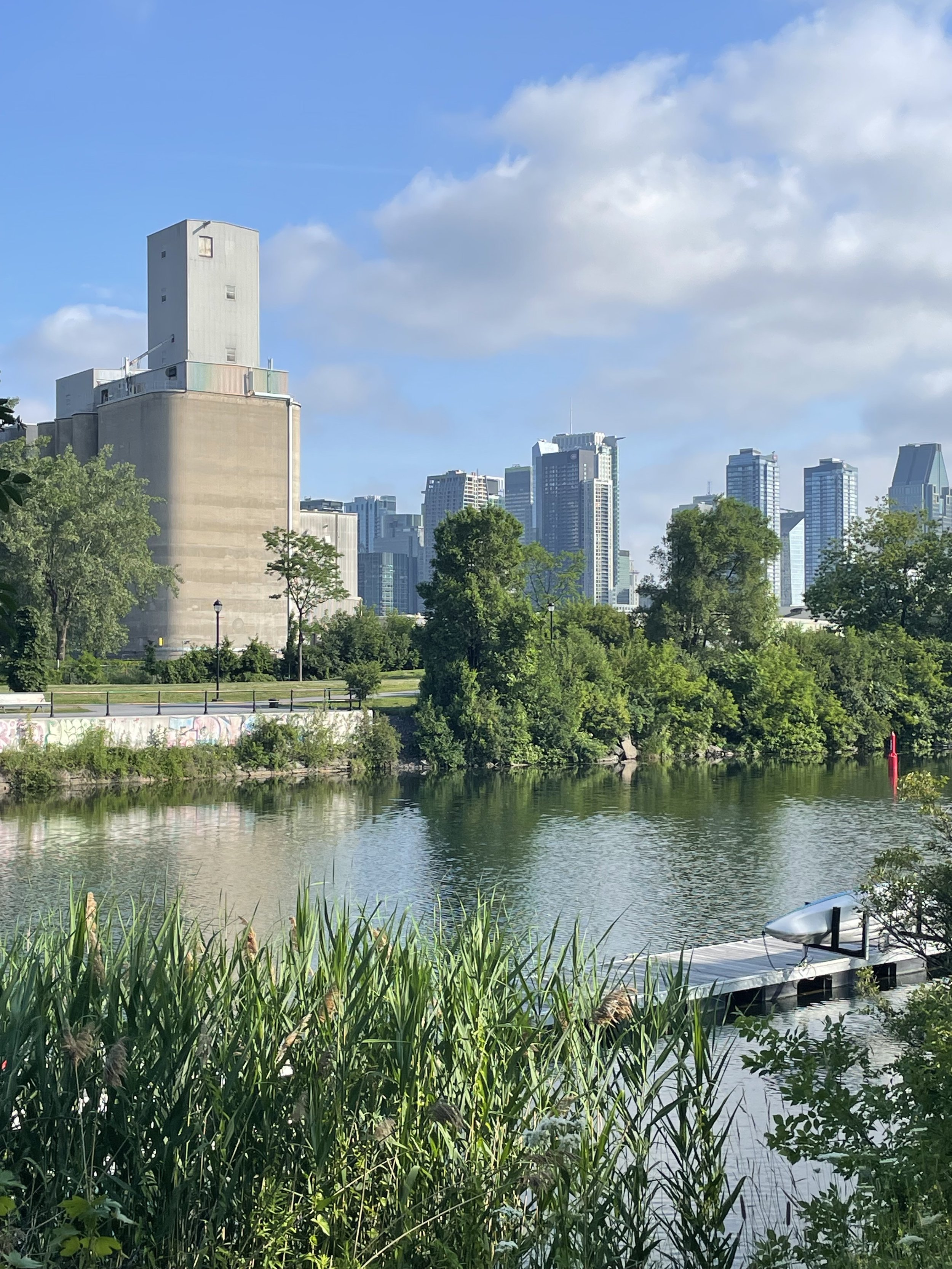 City skyline with modern high-rise buildings behind a green park and a body of water with a boat in the foreground.