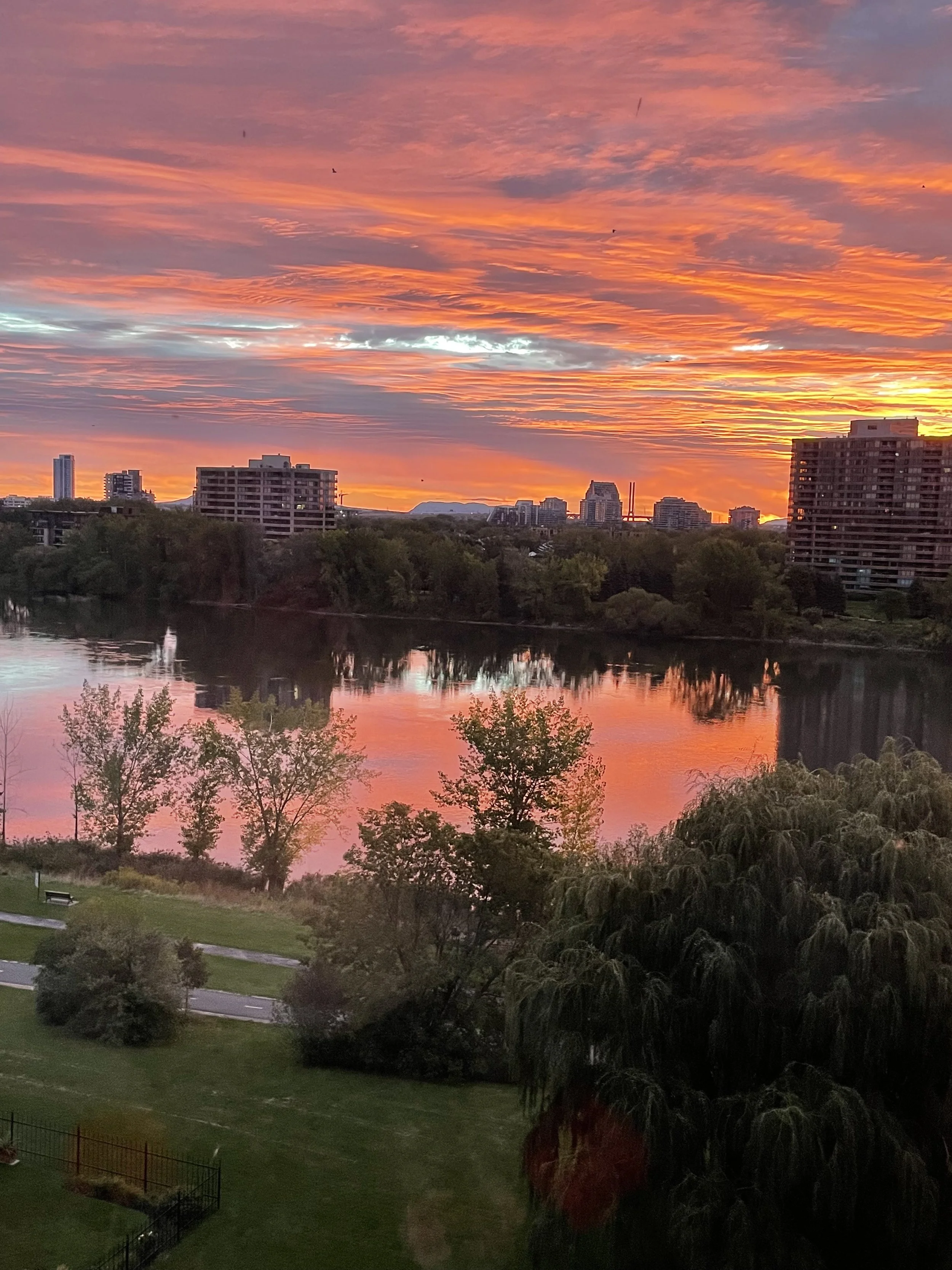 A city skyline at sunset with orange and pink clouds reflected in the river below. Trees and a park in the foreground.