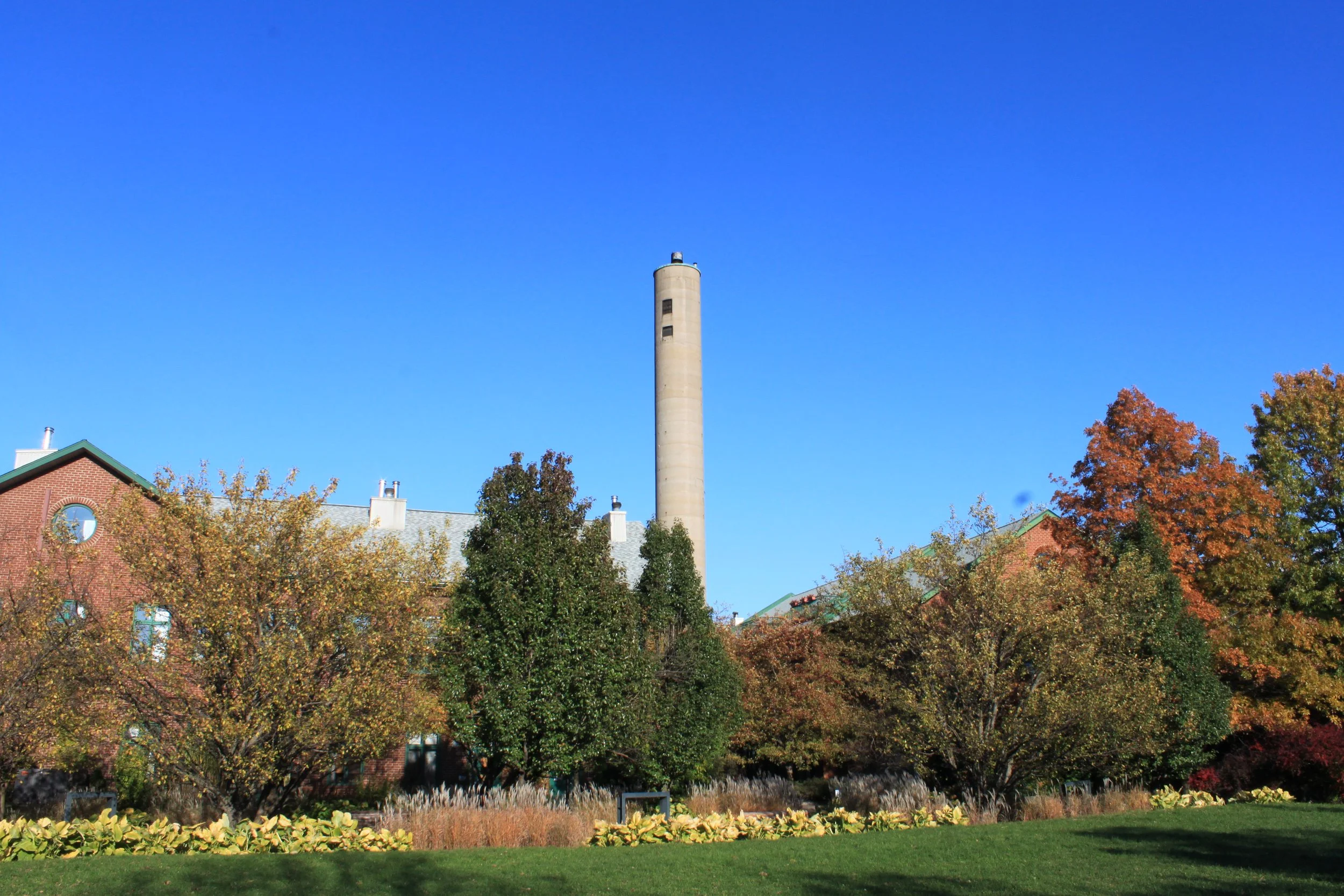 A clear blue sky over a row of buildings with a tall chimney, surrounded by trees with autumn-colored leaves and a well-maintained garden in the foreground.