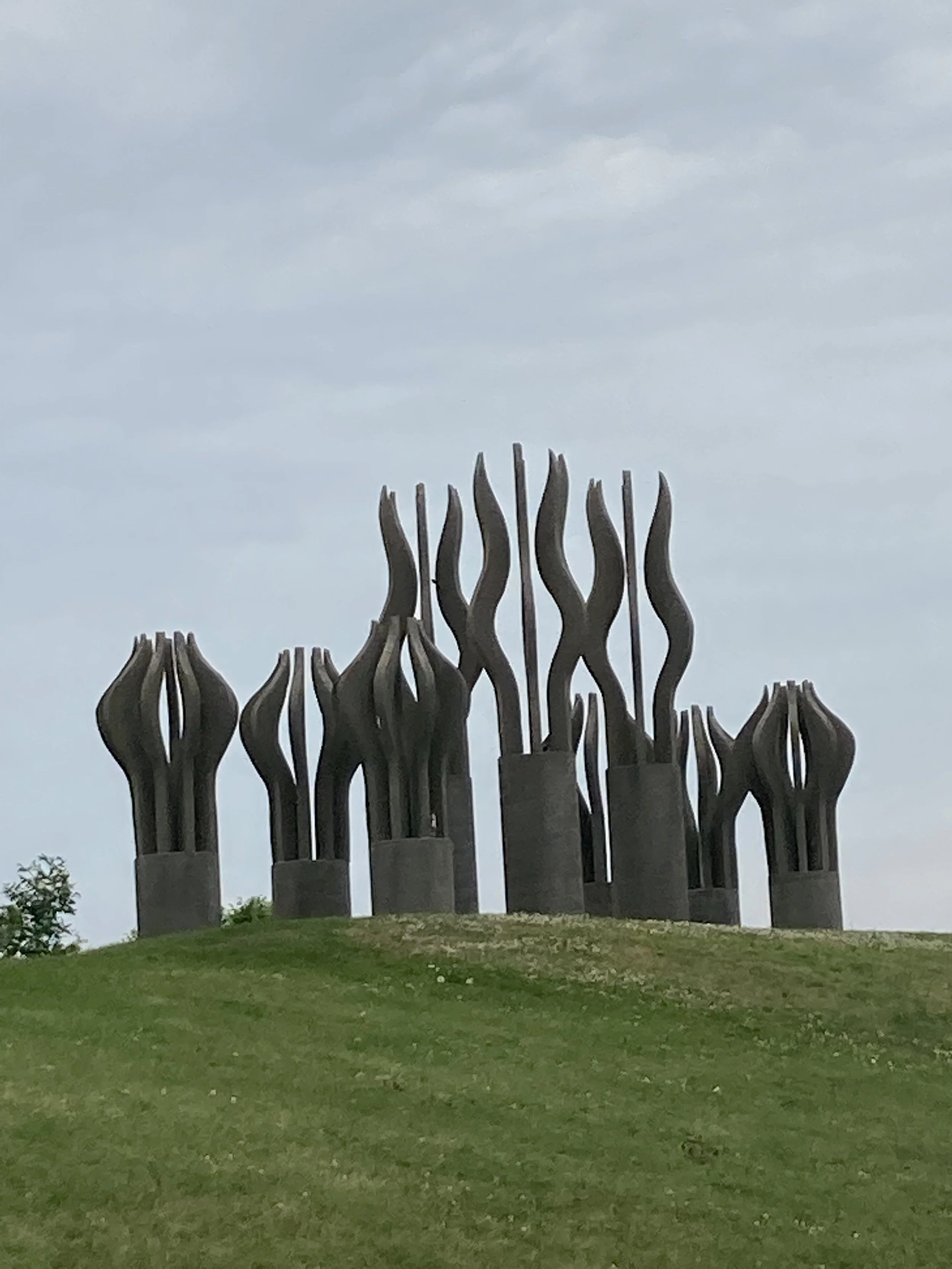 Outdoor sculpture of abstract, flame-like shapes on metal poles against a cloudy sky with green grass in foreground.