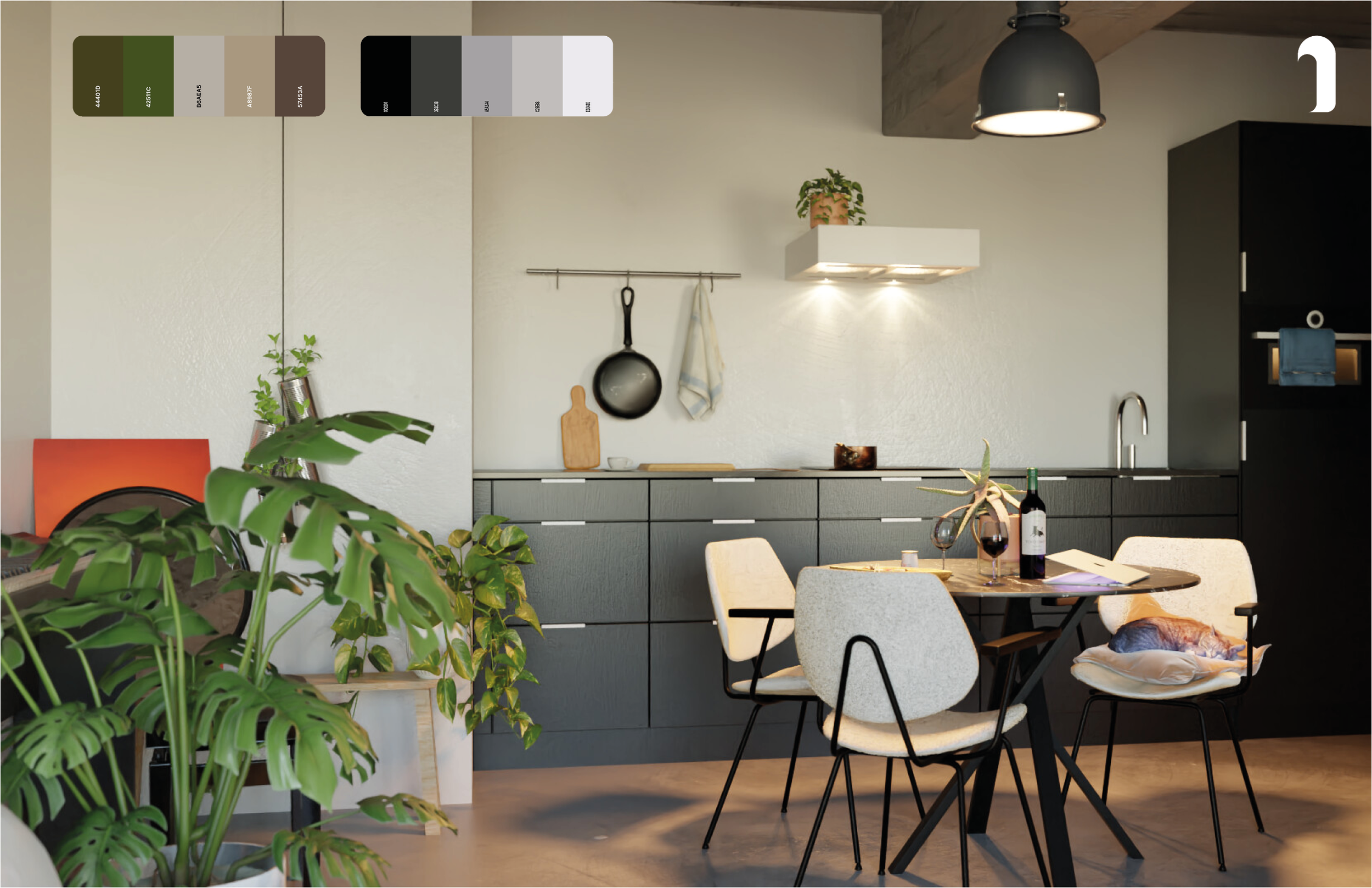 Modern kitchen and dining area with black cabinetry, white walls, green plants, and a round table set with wine glasses and a bottle. There are white chairs around the table, and a large black pendant light hanging from the ceiling.
