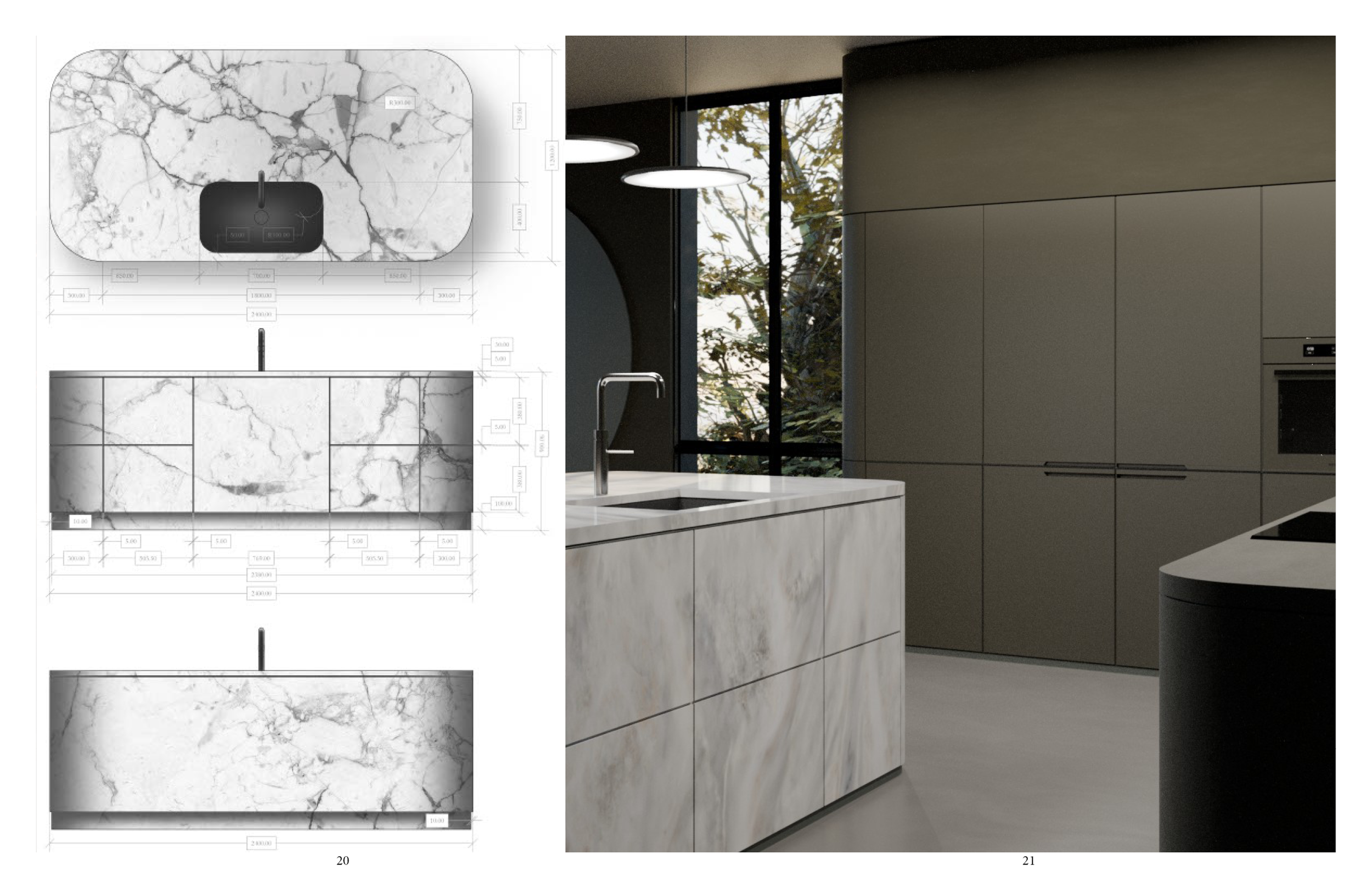Design plans and 3D rendering of a modern kitchen with a marble countertop, minimalist cabinets, and large windows showing trees outside.