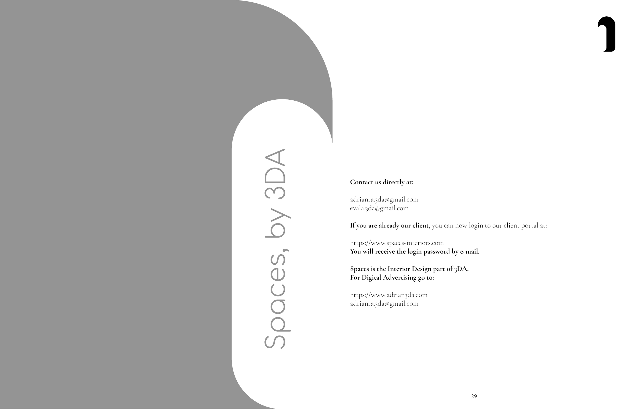 A document with a large gray section on the left and white section on the right, containing contact information and a URL for digital advertising.