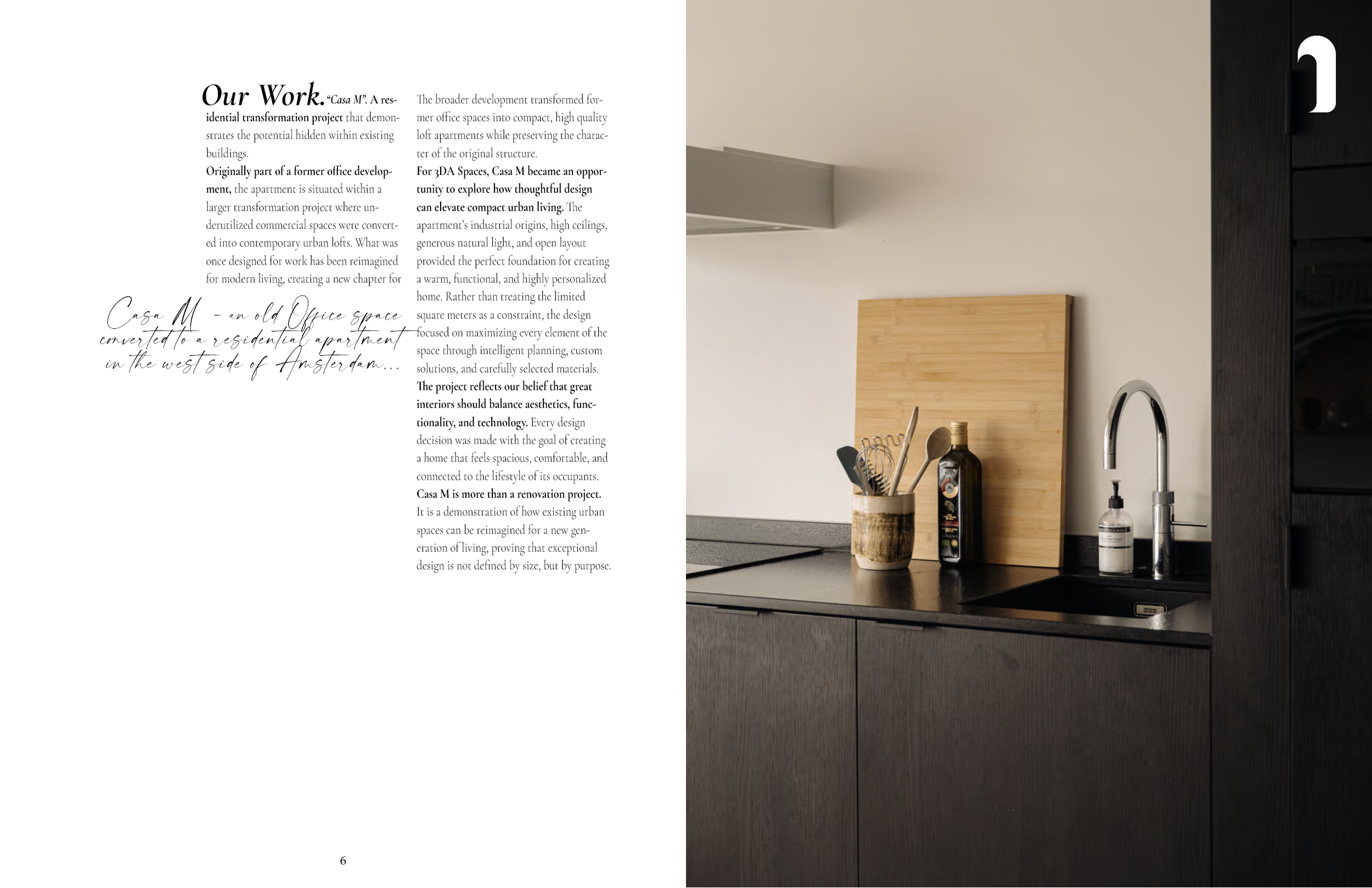 Open magazine or brochure with text on the left page and a kitchen counter with utensils and cutting board on the right page.