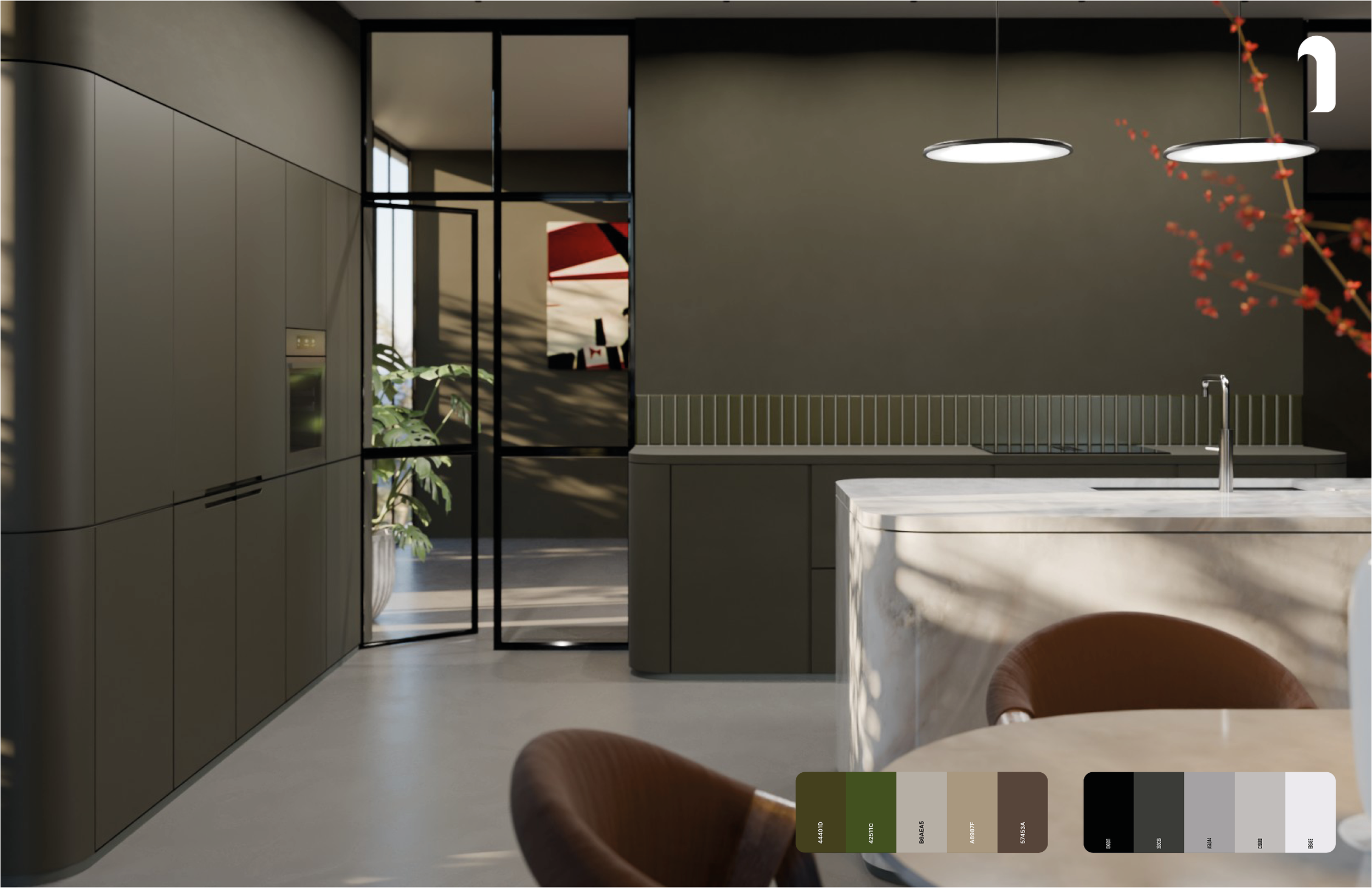 Modern kitchen interior with gray cabinets, white marble island, stainless steel sink, pendant lights, plant, and artwork visible through glass door.