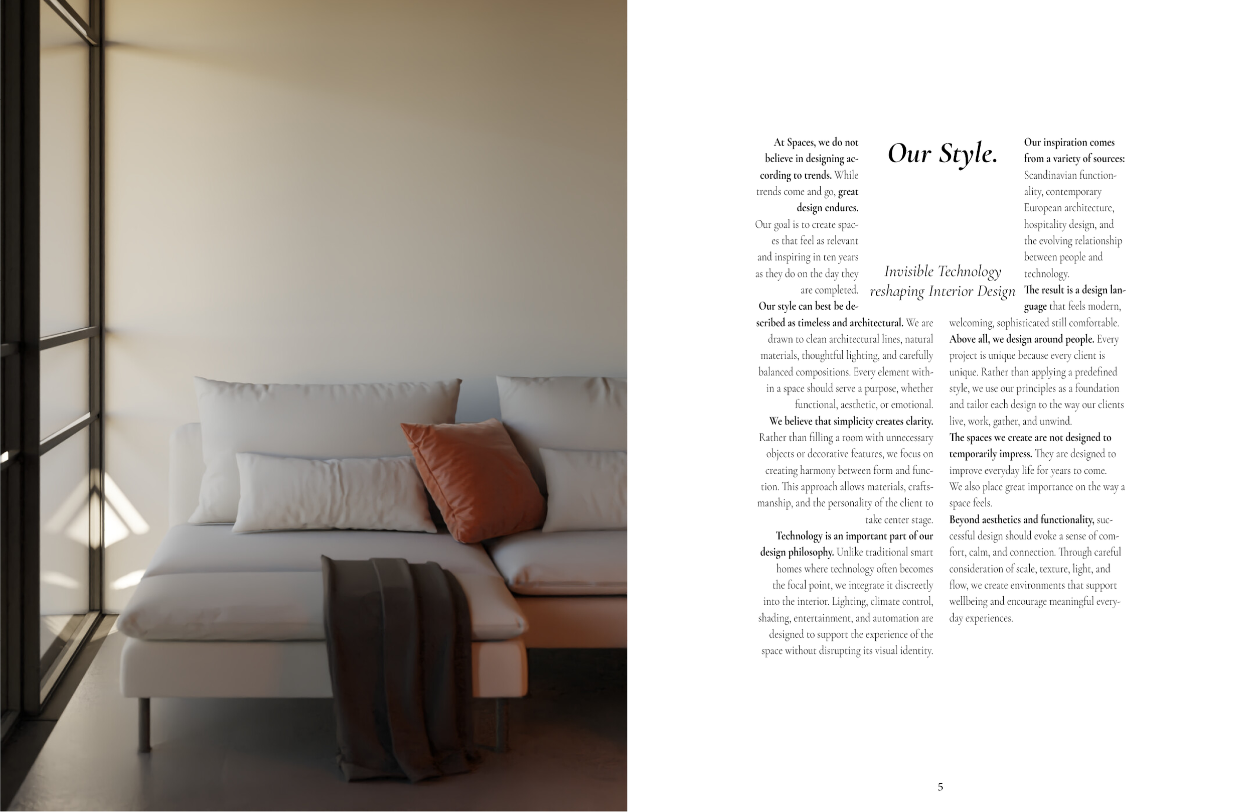 Interior view of a modern, minimalist bedroom showing a bed with white linens and two pillows, one white and one earthy orange, positioned against a plain light-colored wall. Sunlight streams through a large window with black metal framing, casting shadows on the wall.