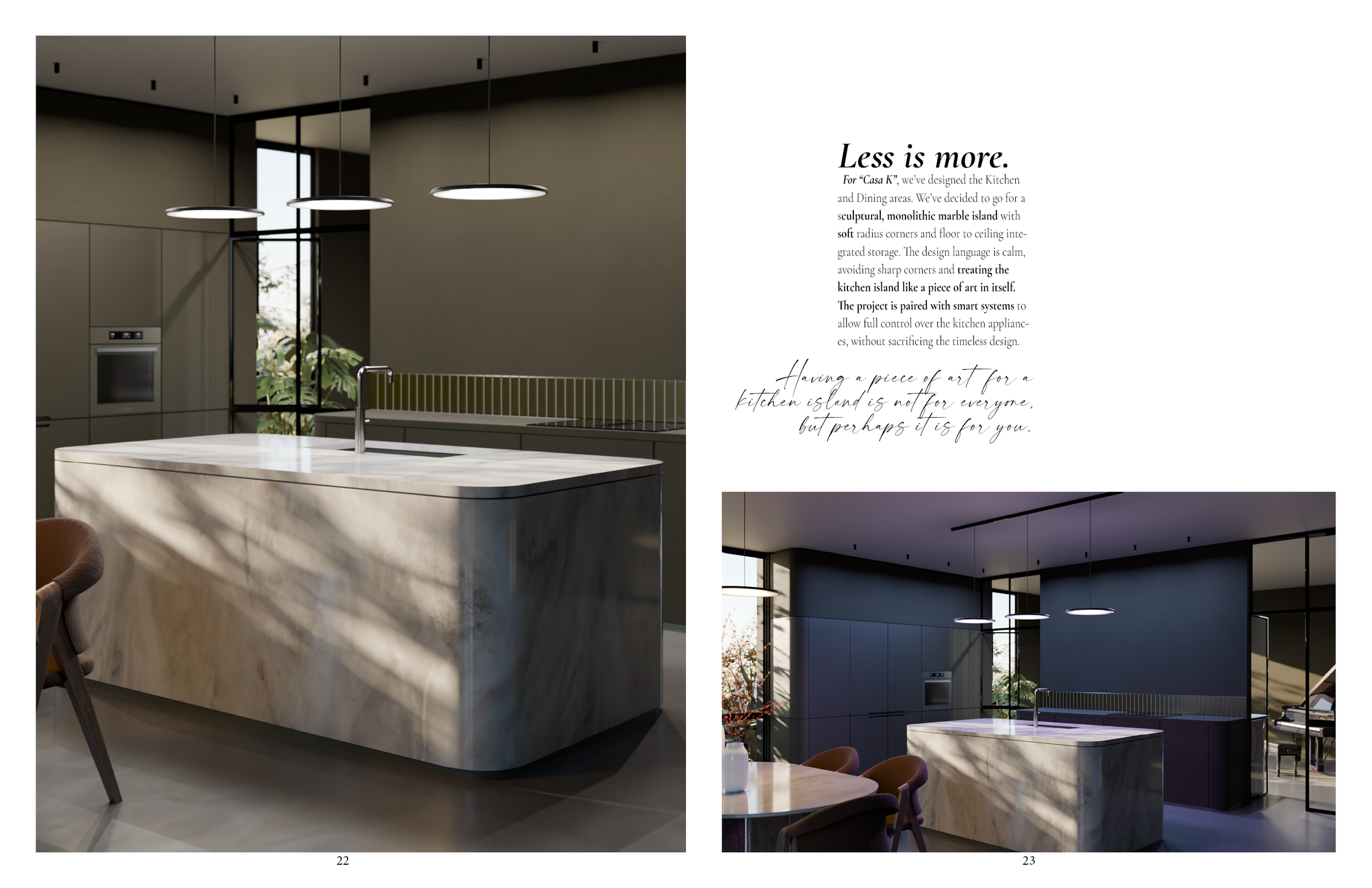 Interior view of a modern kitchen featuring a large marble island with a built-in sink, black pendant lights hanging from the ceiling, a window bringing in natural light, and sleek cabinetry creating a minimalist aesthetic.