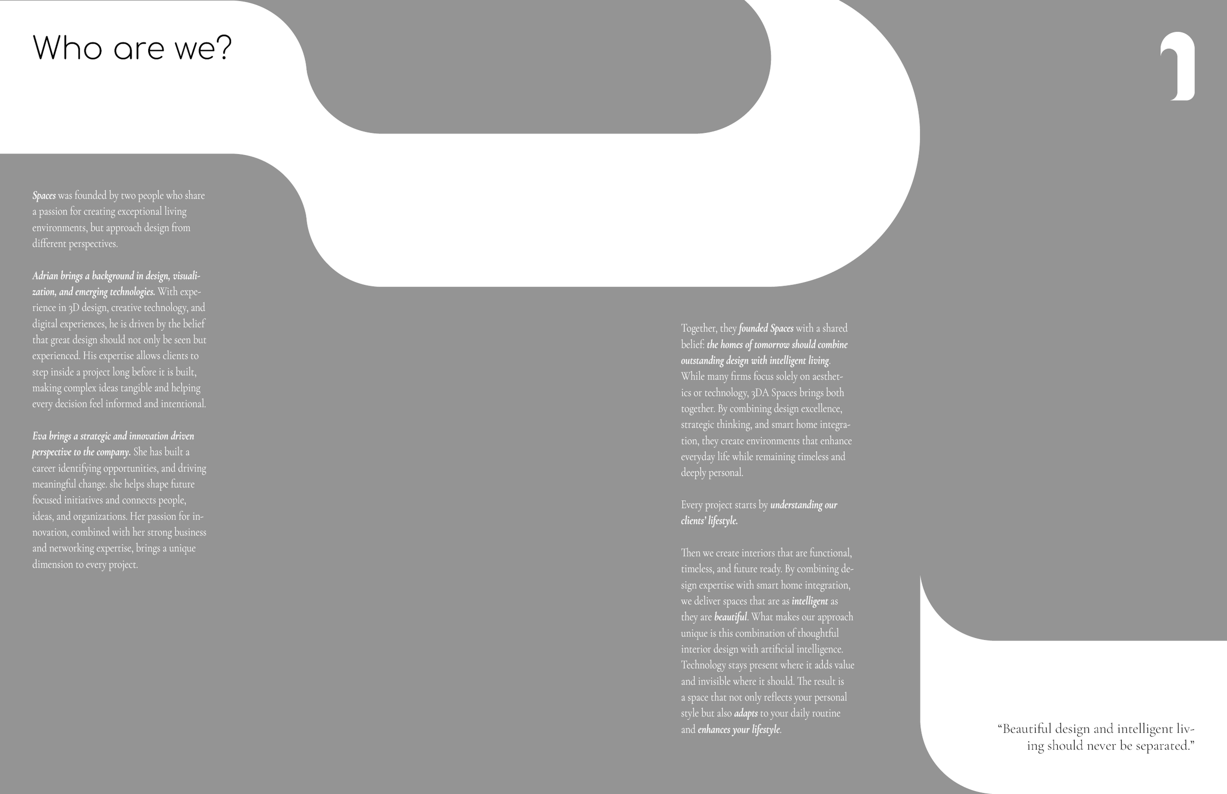 Text-based web page layout with gray, white, and black sections. The page has the prominent title "Who are we?" in the top left. Several paragraphs of mostly small text are on the left and bottom right of the image, with some words in italics and bold for emphasis. The text discusses a company's philosophy, design approach, and client focus, with no images or illustrations visible.
