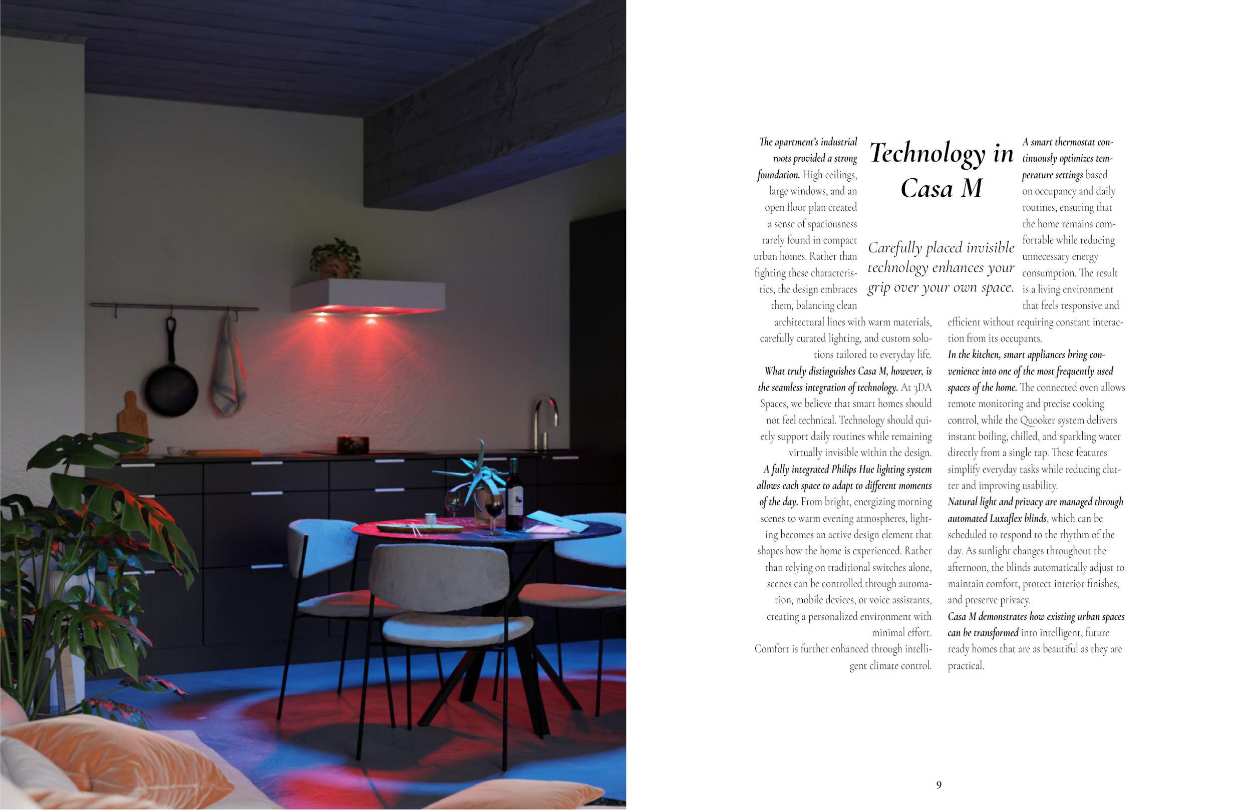 A modern kitchen with a wall-mounted white cabinet with red lighting underneath, black hanging utensils, and a small round table with chairs, illuminated by subtle lighting and accented with potted plants.