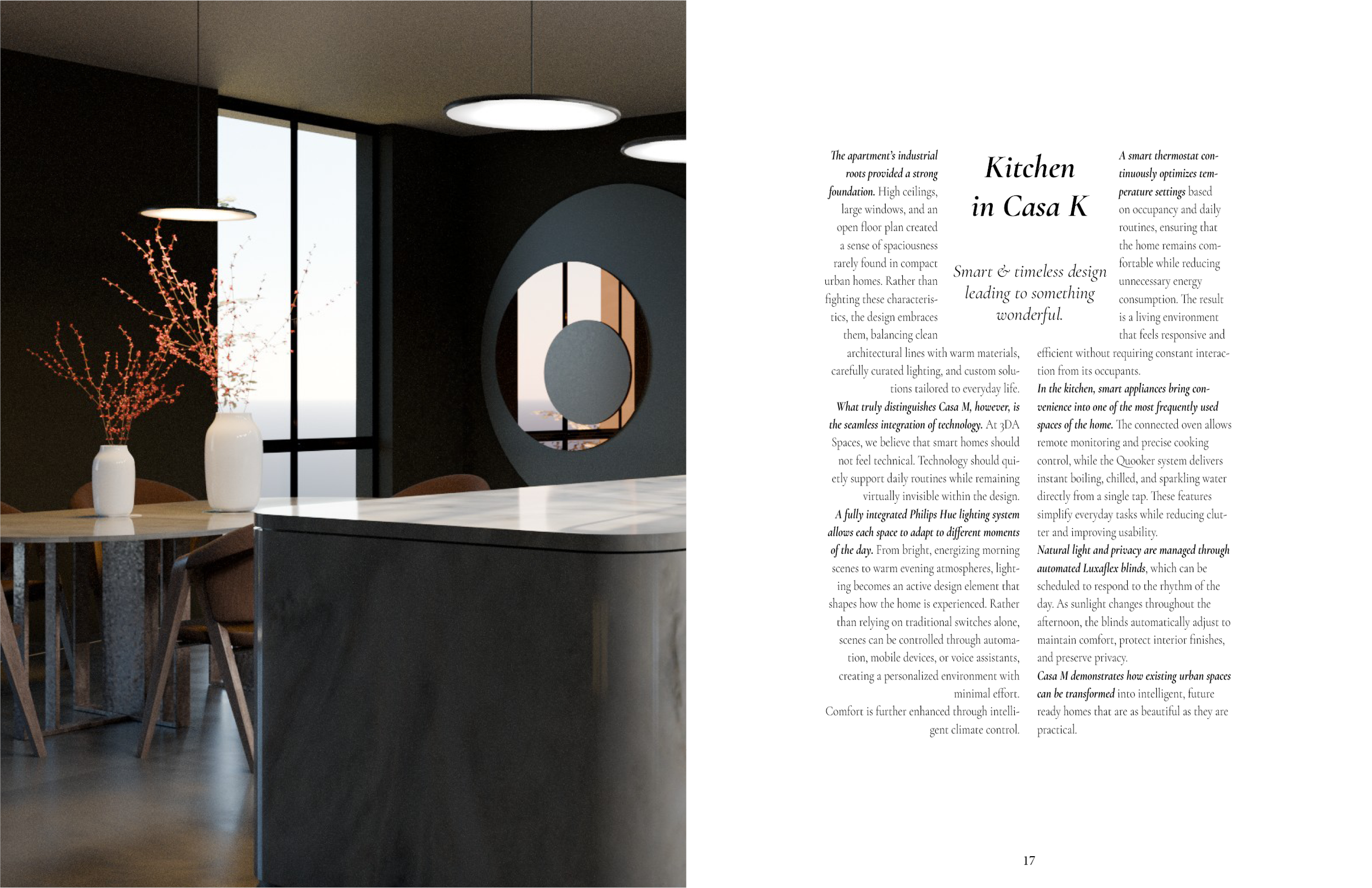 Contemporary kitchen interior featuring a black wall, a large window, modern circular ceiling lights, a round mirror, and white vases with plant arrangements on a counter.