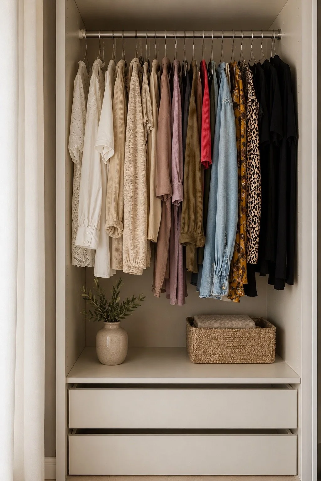 Åpen garderobe med klesplagg på kleshenger i ulike farger og materialer, samt en liten plante i vase og en kurv med tekstiler på hyllen under.