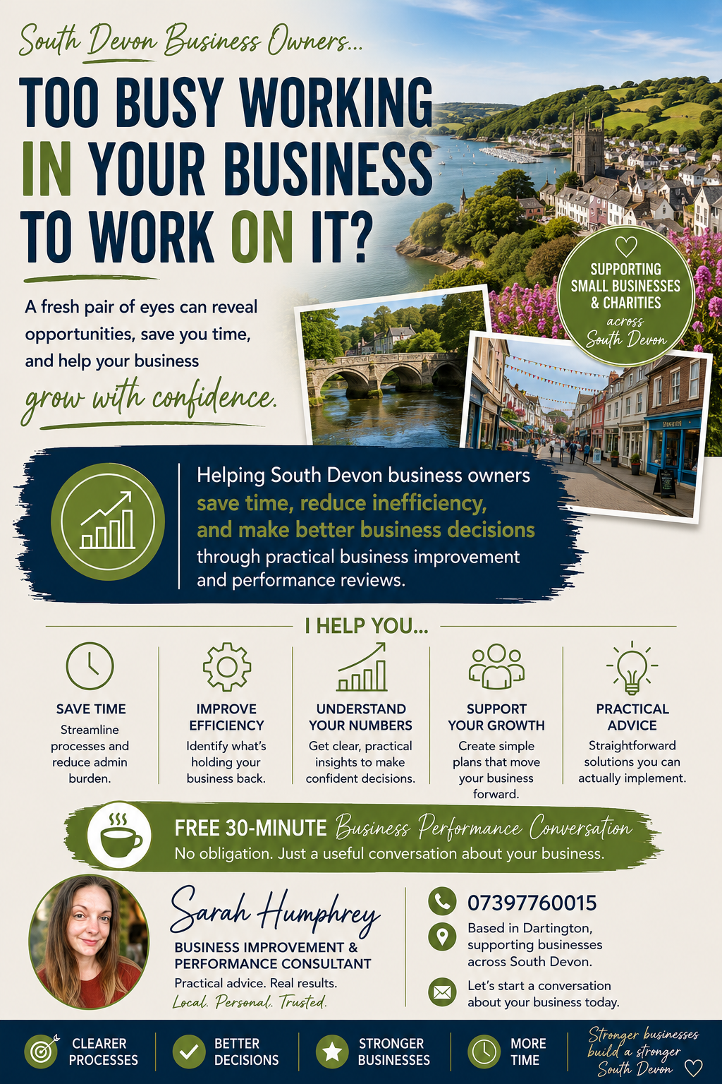 An informative flyer for South Devon small business owners, featuring scenic images of rivers, towns, and bridges, promoting business improvement consultations and support services.