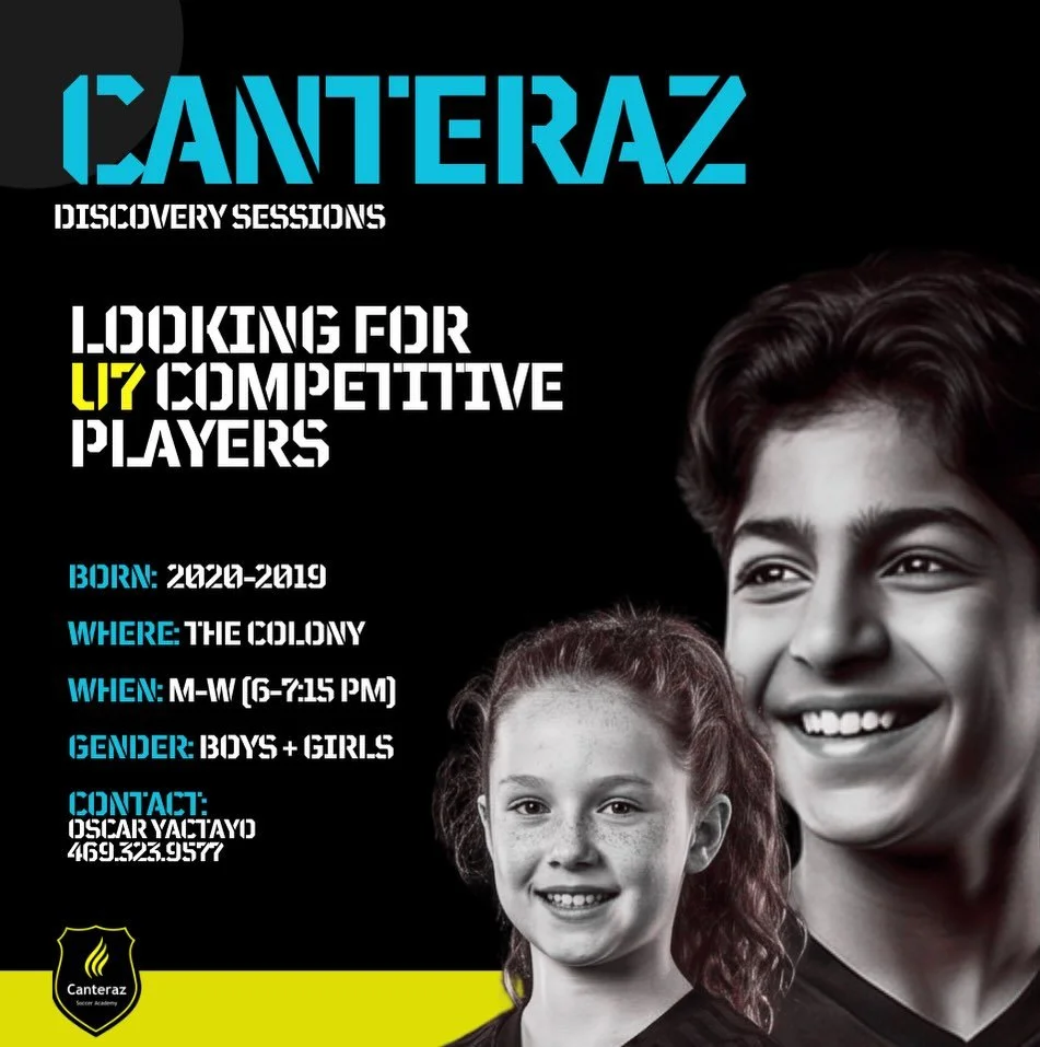 Ready to take the next step in competitive soccer? ⚽🔥

Canteraz Soccer Academy Player Discovery Sessions are happening now in The Colony! 

We&rsquo;re actively looking for passionate boys and girls ready to elevate their game in a competitive, deve