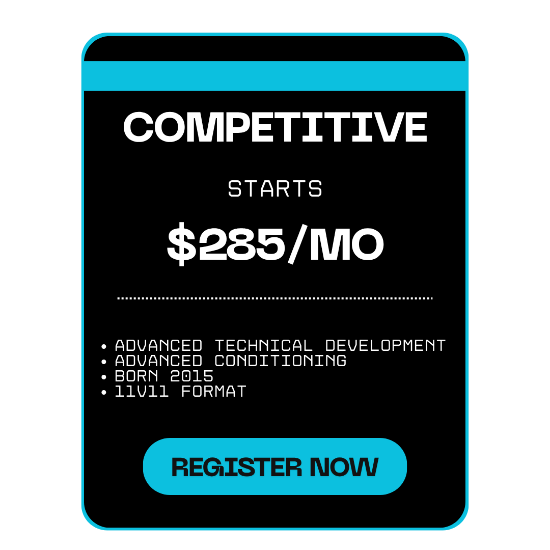 Advertisement for a competitive program starting at $285 a month, with details about advanced technical development, advanced conditioning, born in 2015, 11x11 format, and a blue 'Register Now' button.