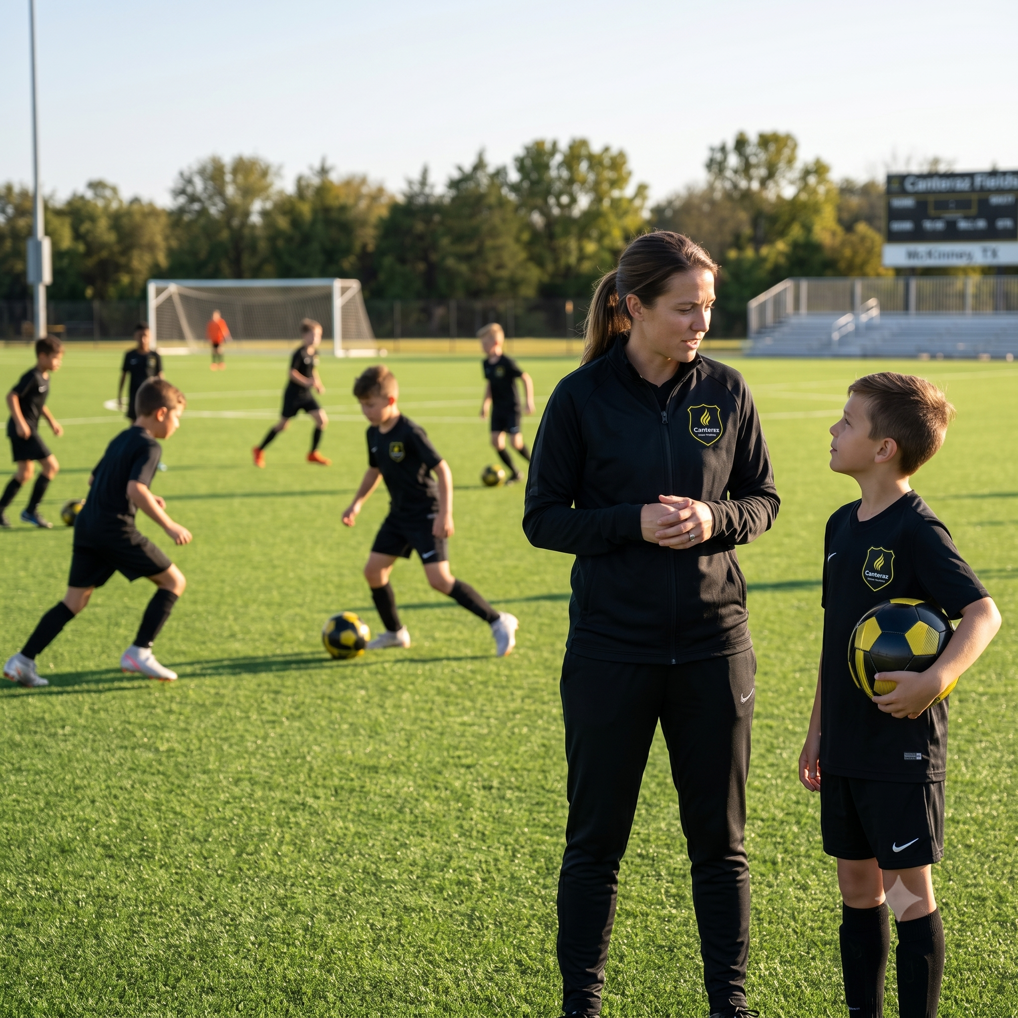 A soccer coach talking to a young player on the field during practice. Several children are running with soccer balls, and a soccer goal and scoreboard are visible in the background.