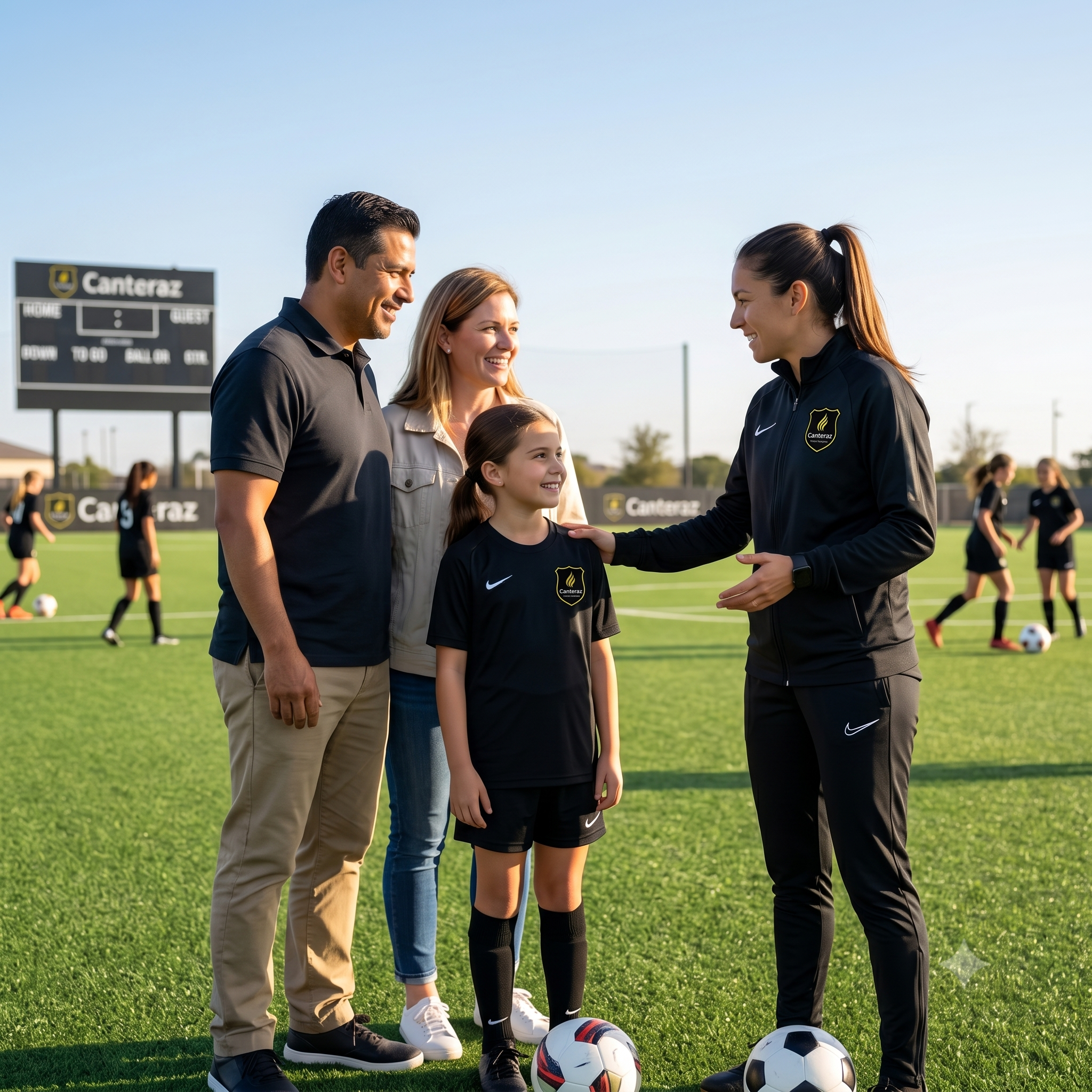 A group of people, including children and adults, standing on a soccer field with a coach, smiling and talking before a soccer game or practice. There are soccer balls on the field and a scoreboard in the background.