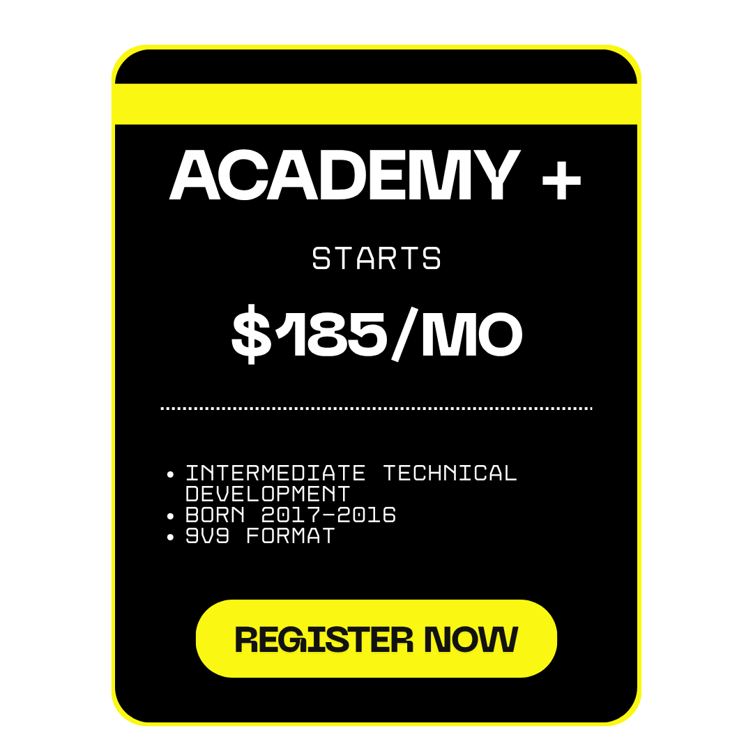 Advertisement for a tech academy starting at $185 per month, focusing on intermediate technical development, age requirement 2016-2017, 9V9 format, with a bright yellow 'Register Now' button.
