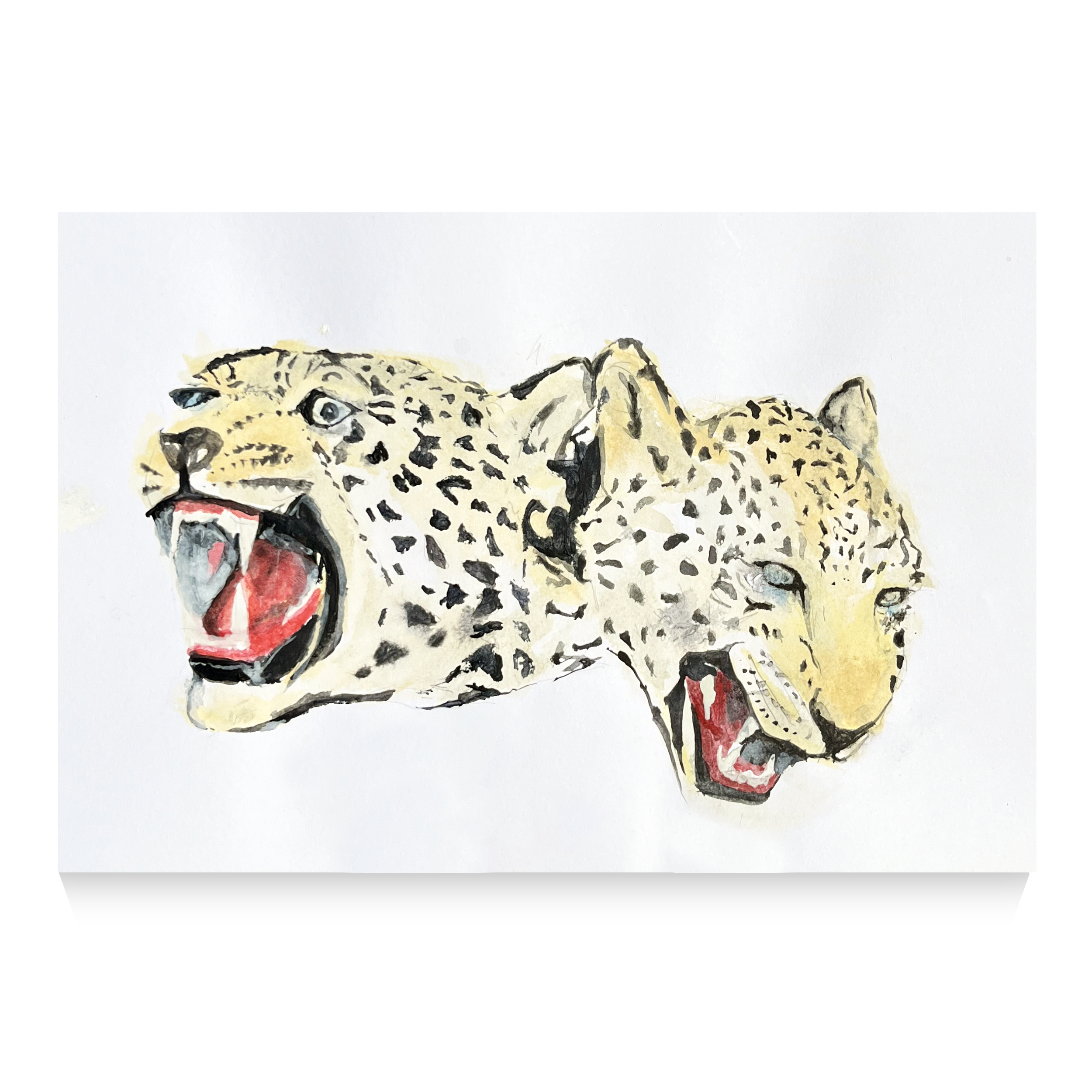 Une peinture représentant un léopard en position allongée, avec sa gueule ouverte montrant ses dents, dans un style artistique aquarelle avec des taches noires sur son pelage beige.